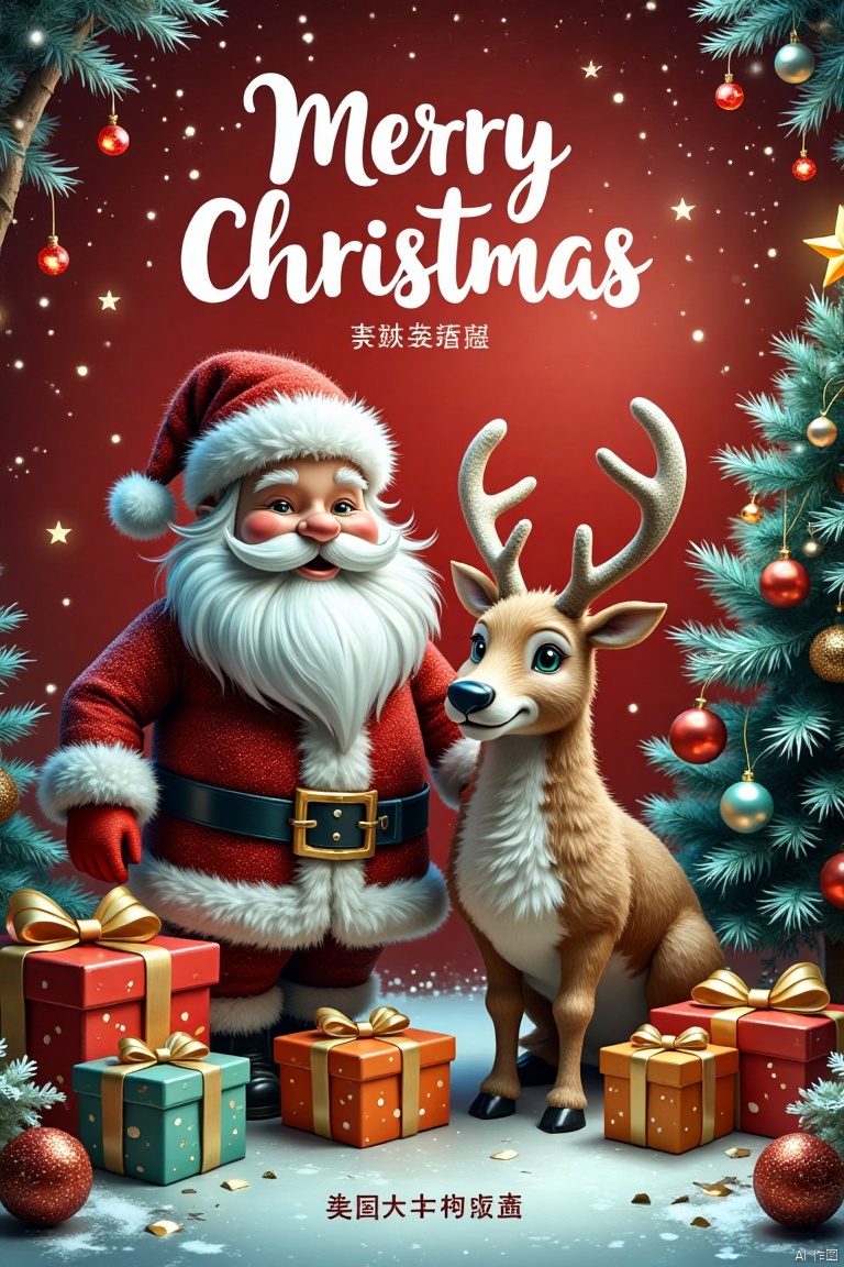 Made with clear candy,This is a Christmas poster full of festive atmosphere., The background of the poster is red,giving people a warm and festive feeling. Above the poster,there is the white word "Merry Christmas" in English,and the font design is lively and festive., In the center of the poster,there is an image of Santa Claus wearing a red and white hat. His face is kind,with a kind smile. There is a reindeer next to Santa Claus. Its horns are very conspicuous,its color is light brown,and its expression is very cute., In front of Santa Claus and reindeer,there are piles of beautifully packaged gift boxes. Gift boxes have different colors,such as red,orange and brown,and each gift box is tied with beautiful bows,which adds to the festive atmosphere., On the right side of the reindeer,there is a Christmas tree decorated with colored balls and yellow bows,and red decorations are hung on the tree,which further strengthens the theme of Christmas., There is a line of Chinese characters at the bottom of the poster: "Every beauty deserves sincere treatment",which conveys a warm and beautiful emotion., The whole poster creates a strong Christmas atmosphere through bright colors,lovely images and warm words.,,Made with clear candy,