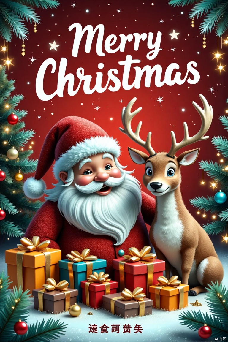 Made with clear candy,This is a Christmas poster full of festive atmosphere., The background of the poster is red,giving people a warm and festive feeling. Above the poster,there is the white word "Merry Christmas" in English,and the font design is lively and festive., In the center of the poster,there is an image of Santa Claus wearing a red and white hat. His face is kind,with a kind smile. There is a reindeer next to Santa Claus. Its horns are very conspicuous,its color is light brown,and its expression is very cute., In front of Santa Claus and reindeer,there are piles of beautifully packaged gift boxes. Gift boxes have different colors,such as red,orange and brown,and each gift box is tied with beautiful bows,which adds to the festive atmosphere., On the right side of the reindeer,there is a Christmas tree decorated with colored balls and yellow bows,and red decorations are hung on the tree,which further strengthens the theme of Christmas., There is a line of Chinese characters at the bottom of the poster: "Every beauty deserves sincere treatment",which conveys a warm and beautiful emotion., The whole poster creates a strong Christmas atmosphere through bright colors,lovely images and warm words.,,Made with clear candy,