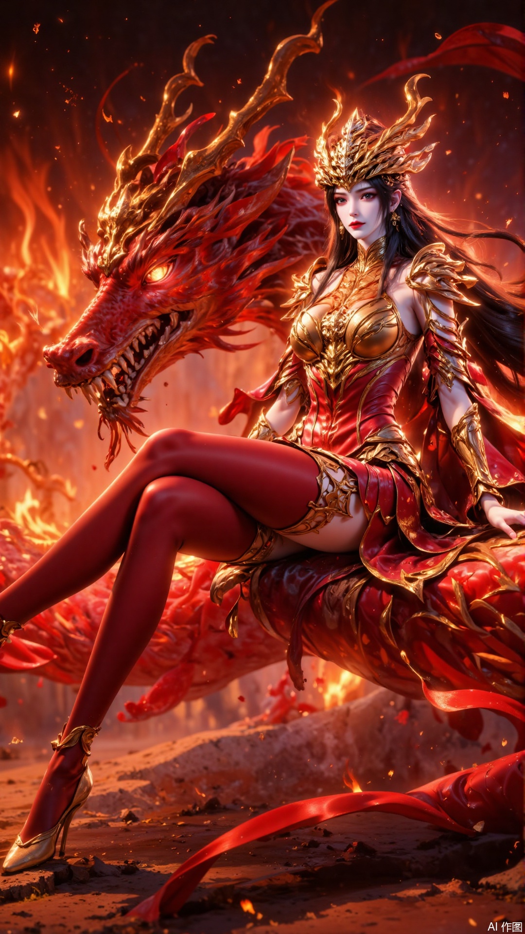 1 girl, solo, sitting sideways, facing forward, golden embossed breastplate, red silk short skirt, dragon scale pattern metal leggings, gold-plated dragon head shoulder armor, red ribbon surround special effects, deep gold hollow waist decoration, blood-colored high heeled shoelaces, gorgeous golden hair crown, black long hair dynamic fluttering, sitting leg curves, red pupils, flame-like red lips, huge red gold dragon beast (gold pattern scales/magma veins), dragon claw energy halo, background burning particle special effects, red gold contrast system, metal and silk material comparison, dragon tail ribbon dynamic track, long eye red light projection, armor relief pattern consistent with dragon scales, ground magma cracks, floating ash particles, light and shadow levels, fantasy battlefield atmosphere rendering, Unreal Engine 5 rendering, low angle shooting, dynamic pose, background bokeh.,magnificent