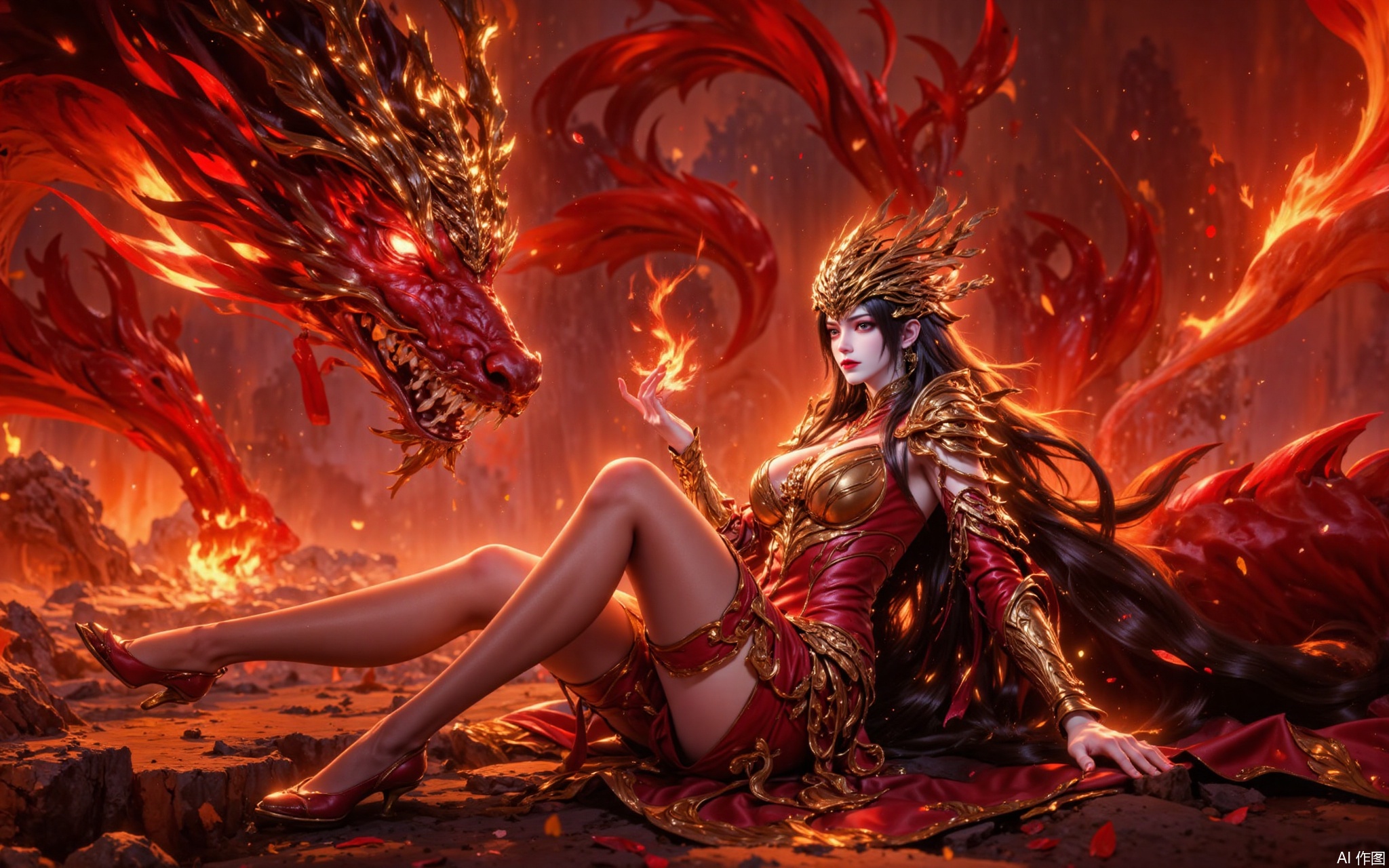 1 girl, solo, sitting sideways, facing forward, golden embossed breastplate, red silk short skirt, dragon scale pattern metal leggings, gold-plated dragon head shoulder armor, red ribbon surround special effects, deep gold hollow waist decoration, oily long legs, blood high heels, golden hair crown, black long hair dynamic fluttering, sitting leg curves, red pupils, flame-like red lips, huge red gold dragon beast (gold pattern scales/magma veins), dragon head looking straight at the audience, dragon claw energy halo, background burning particle special effects, red gold contrast system, metal and silk material comparison, dragon tail ribbon dynamic track, long eye red light projection, armor relief pattern consistent with dragon scales, ground magma cracks, floating ash particles, light and shadow levels, fantasy battlefield atmosphere rendering, Unreal Engine 5 rendering, low angle shooting, dynamic pose, background bokeh.