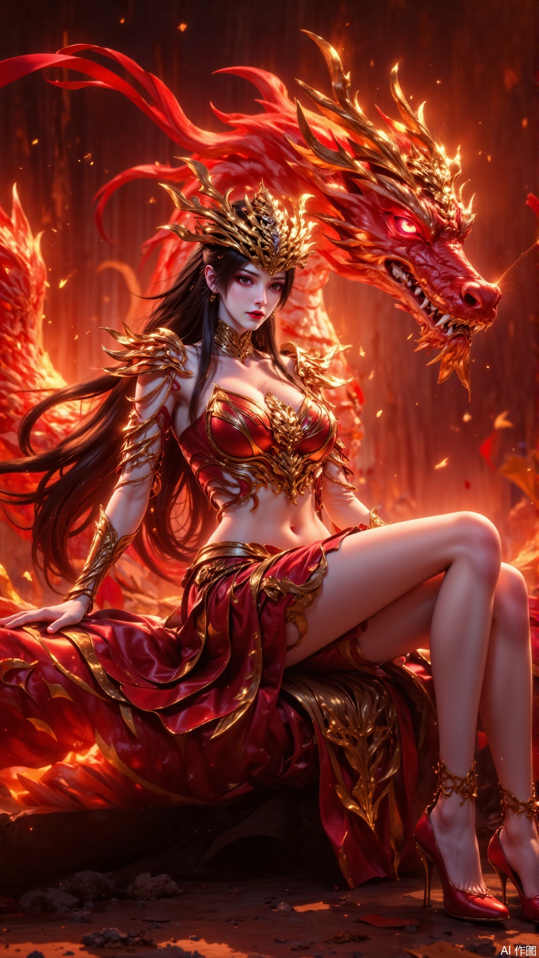 1 girl, solo, sitting sideways, facing forward, golden embossed breastplate, red silk short skirt, dragon scale pattern metal leggings, gold-plated dragon head shoulder armor, red ribbon surround special effects, deep gold hollow waist decoration, blood-colored high heeled shoelaces, gorgeous golden hair crown, black long hair dynamic fluttering, sitting leg curves, red pupils, flame-like red lips, huge red gold dragon beast (gold pattern scales/magma veins), dragon claw energy halo, background burning particle special effects, red gold contrast system, metal and silk material comparison, dragon tail ribbon dynamic track, long eye red light projection, armor relief pattern consistent with dragon scales, ground magma cracks, floating ash particles, light and shadow levels, fantasy battlefield atmosphere rendering, Unreal Engine 5 rendering, low angle shooting, dynamic pose, background bokeh.,magnificent