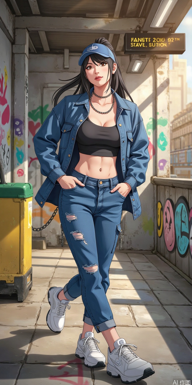 "A cool street girl, wearing an oversize denim jacket and sports bra, with work pants and limited edition sneakers, her hair tied into a high ponytail, a metal chain necklace and a baseball cap. The background is a graffiti wall and a subway station, and the sunlight is slanted to form a strong contrast of light and shadow, a dynamic capture, a slightly American street illustration style, and a bright color."