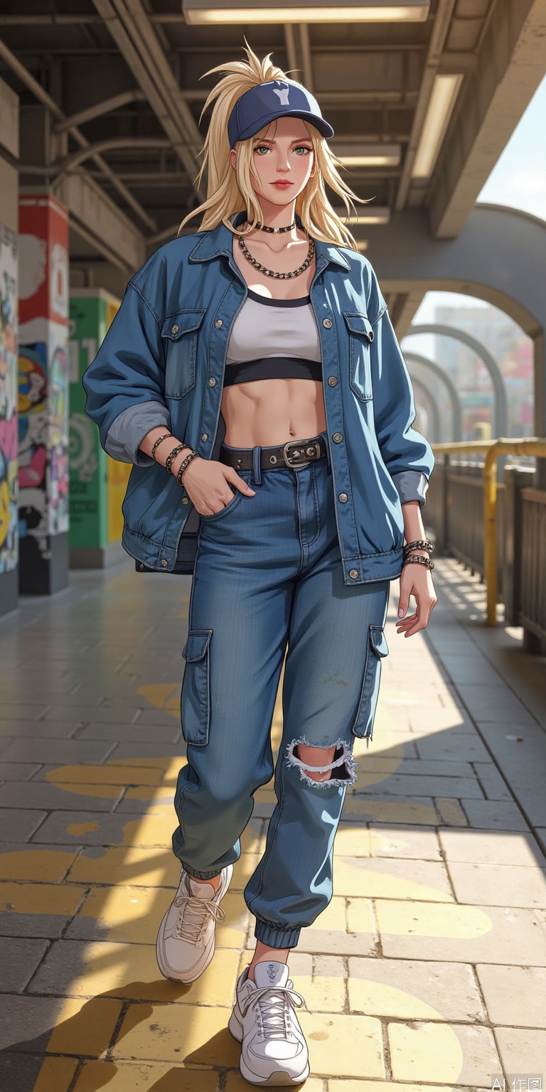 "A cool street girl, wearing an oversize denim jacket and sports bra, with work pants and limited edition sneakers, her hair tied into a high ponytail, a metal chain necklace and a baseball cap. The background is a graffiti wall and a subway station, and the sunlight is slanted to form a strong contrast of light and shadow, a dynamic capture, a slightly American street illustration style, and a bright color."