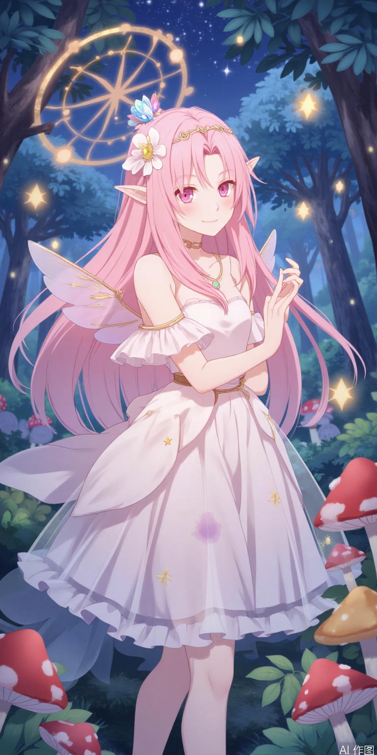 "A dreamy girl like an elf, wearing a tulle starry dress with twinkle stars and embroidered flowers, her hair is soft pink gradient, with crystal headdress and butterfly winged earrings. She stood in the magic forest of night, surrounded by fireflies and glowing mushrooms, soft-focused halo effect, fairy tale illustrations, soft-colored dreamy colors."