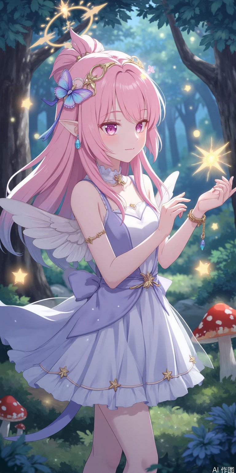 "A dreamy girl like an elf, wearing a tulle starry dress with twinkle stars and embroidered flowers, her hair is soft pink gradient, with crystal headdress and butterfly winged earrings. She stood in the magic forest of night, surrounded by fireflies and glowing mushrooms, soft-focused halo effect, fairy tale illustrations, soft-colored dreamy colors."