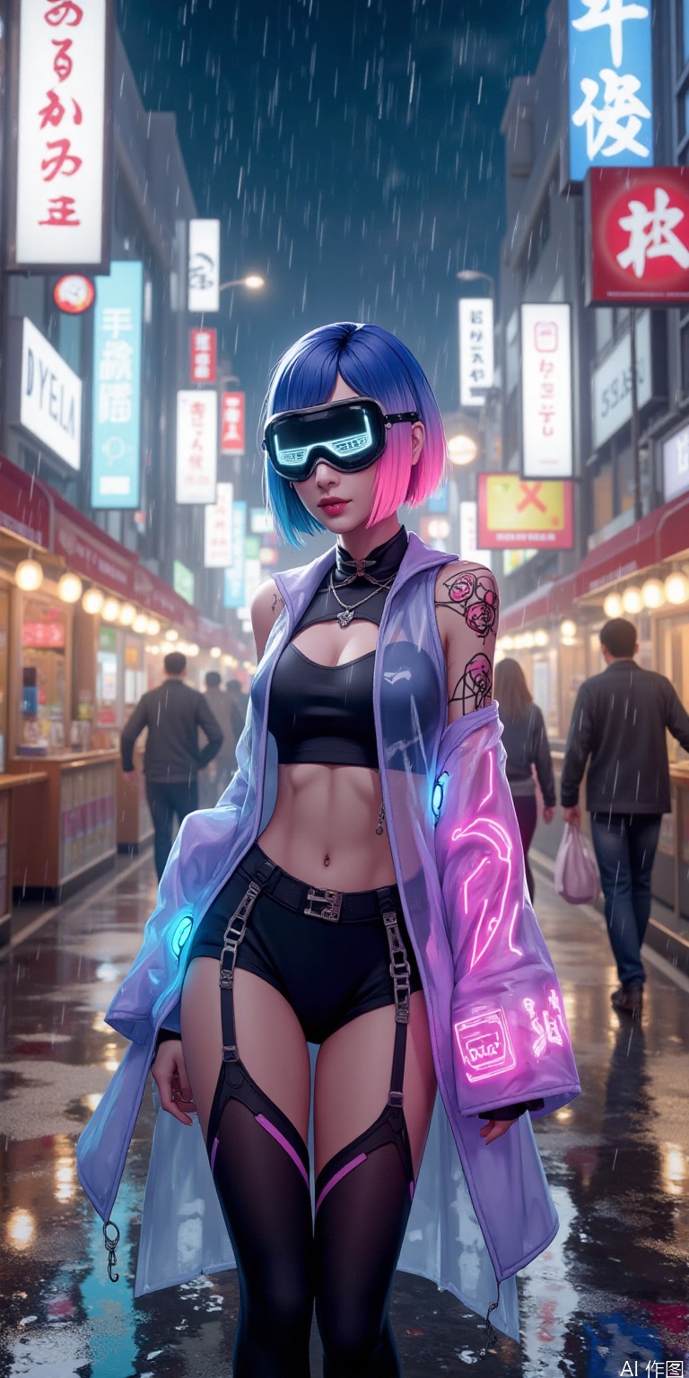 "A fashionable beauty in cyberpunk style, wearing a fluorescent blue-purple transparent jacket, mechanical tights inside, luminous circuit tattoo on her arms, neon pink highlighted short hair, and holographic projection goggles. The background is Tokyo streets on rainy nights, neon signs and holographic billboards flash, wet ground reflects colorful light and shadow, cyberpunk 2077 style, super realistic 8K details, movie-level light and shadow."