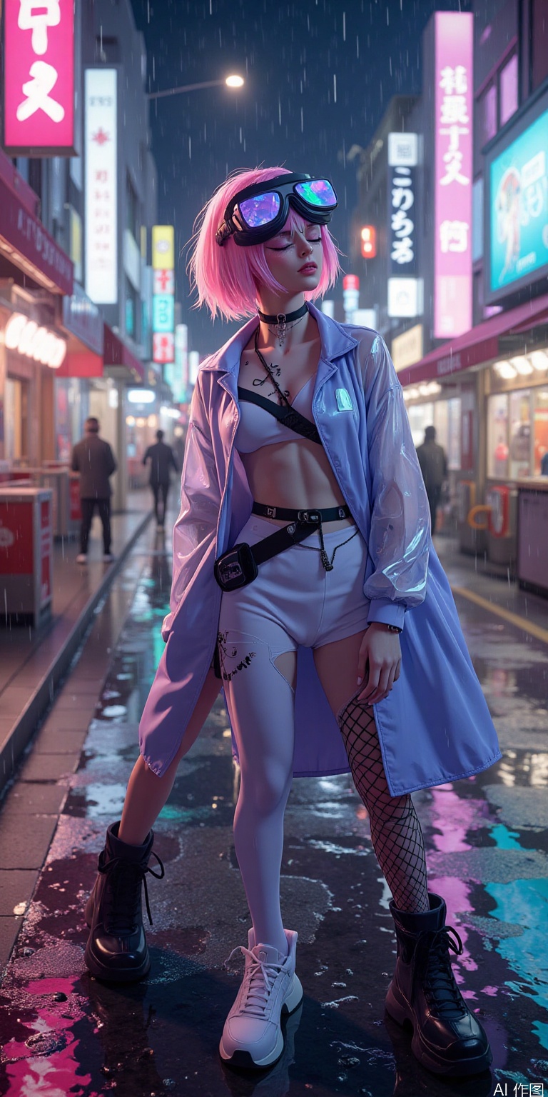 "A fashionable beauty in cyberpunk style, wearing a fluorescent blue-purple transparent jacket, mechanical tights inside, luminous circuit tattoo on her arms, neon pink highlighted short hair, and holographic projection goggles. The background is Tokyo streets on rainy nights, neon signs and holographic billboards flash, wet ground reflects colorful light and shadow, cyberpunk 2077 style, super realistic 8K details, movie-level light and shadow."