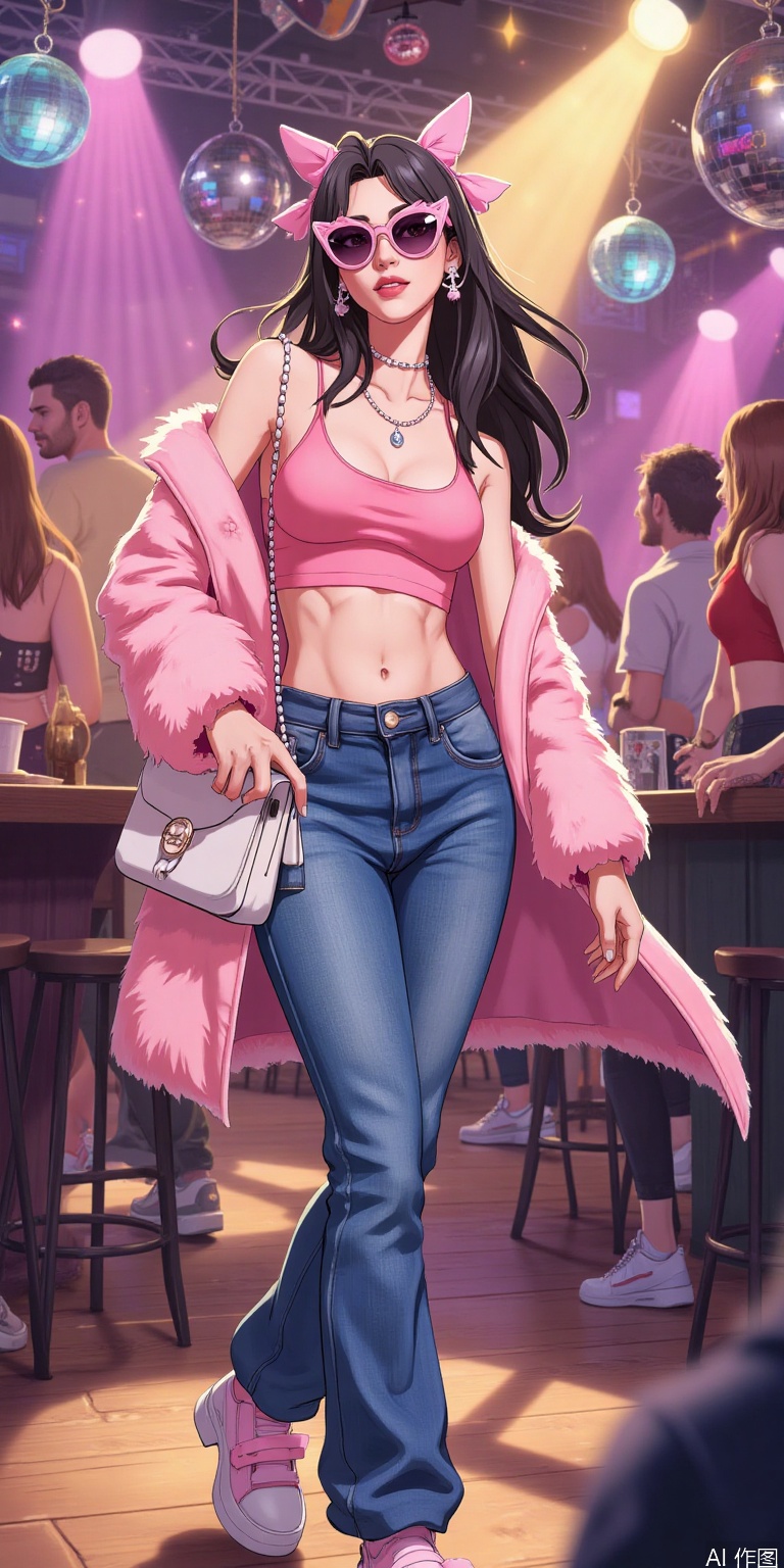 "The 2000s Y2K-style girl, wearing low-waist jeans and a navel-open top, paired with a pink fur coat and thick-soled sponge shoes, wearing butterfly-shaped sunglasses and beaded mobile phone chains. The background is a retro disco, with a flashing laser ball light, bright colors, slightly grainy film filters, illustration style, full of nostalgic millennial atmosphere."