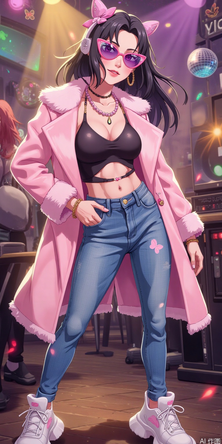 "The 2000s Y2K-style girl, wearing low-waist jeans and a navel-open top, paired with a pink fur coat and thick-soled sponge shoes, wearing butterfly-shaped sunglasses and beaded mobile phone chains. The background is a retro disco, with a flashing laser ball light, bright colors, slightly grainy film filters, illustration style, full of nostalgic millennial atmosphere."