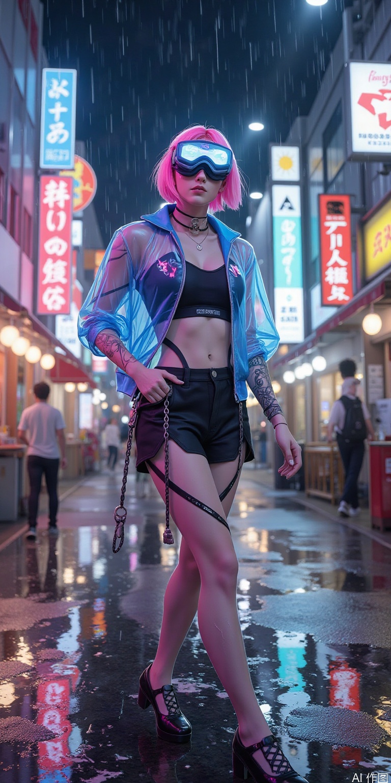 "A fashionable beauty in cyberpunk style, wearing a fluorescent blue-purple transparent jacket, mechanical tights inside, luminous circuit tattoo on her arms, neon pink highlighted short hair, and holographic projection goggles. The background is Tokyo streets on rainy nights, neon signs and holographic billboards flash, wet ground reflects colorful light and shadow, cyberpunk 2077 style, super realistic 8K details, movie-level light and shadow."