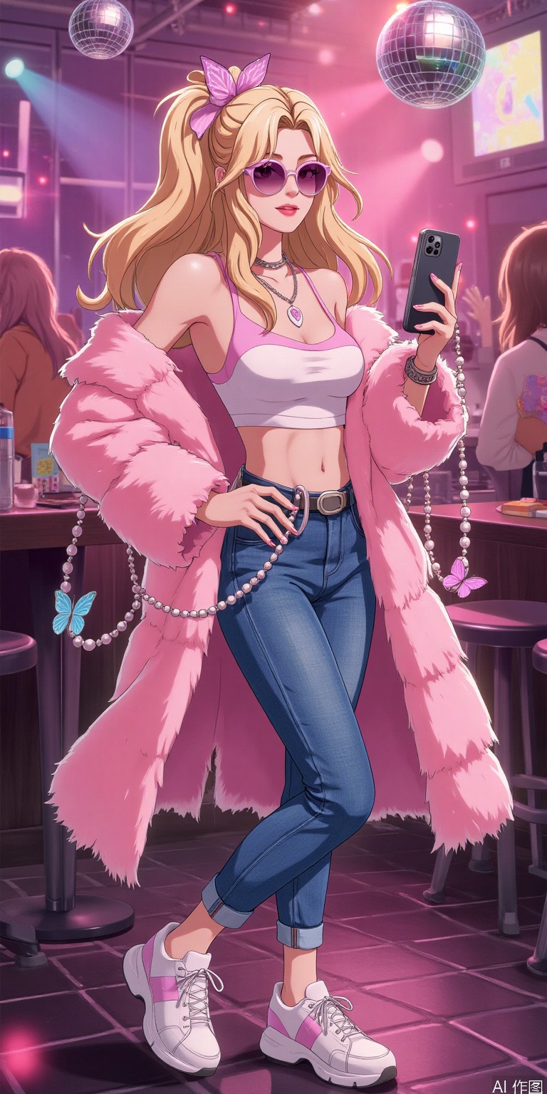 "The 2000s Y2K-style girl, wearing low-waist jeans and a navel-open top, paired with a pink fur coat and thick-soled sponge shoes, wearing butterfly-shaped sunglasses and beaded mobile phone chains. The background is a retro disco, with a flashing laser ball light, bright colors, slightly grainy film filters, illustration style, full of nostalgic millennial atmosphere."