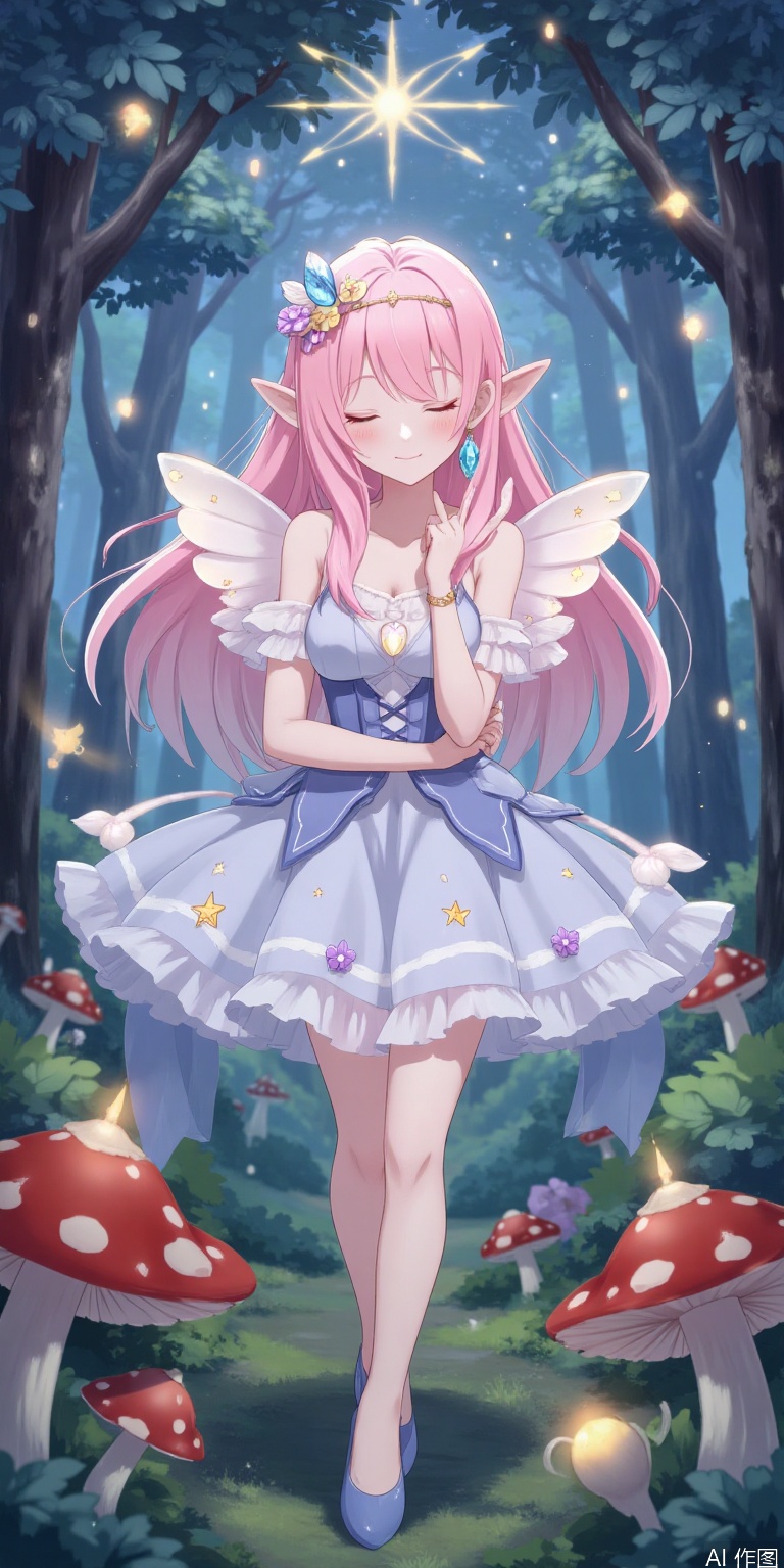 "A dreamy girl like an elf, wearing a tulle starry dress with twinkle stars and embroidered flowers, her hair is soft pink gradient, with crystal headdress and butterfly winged earrings. She stood in the magic forest of night, surrounded by fireflies and glowing mushrooms, soft-focused halo effect, fairy tale illustrations, soft-colored dreamy colors."