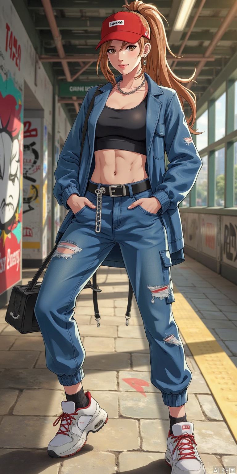 "A cool street girl, wearing an oversize denim jacket and sports bra, with work pants and limited edition sneakers, her hair tied into a high ponytail, a metal chain necklace and a baseball cap. The background is a graffiti wall and a subway station, and the sunlight is slanted to form a strong contrast of light and shadow, a dynamic capture, a slightly American street illustration style, and a bright color."