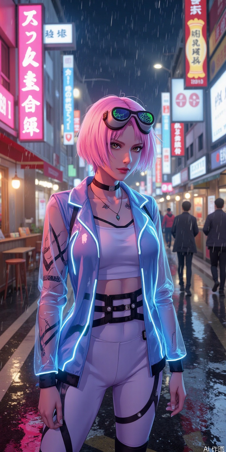 "A fashionable beauty in cyberpunk style, wearing a fluorescent blue-purple transparent jacket, mechanical tights inside, luminous circuit tattoo on her arms, neon pink highlighted short hair, and holographic projection goggles. The background is Tokyo streets on rainy nights, neon signs and holographic billboards flash, wet ground reflects colorful light and shadow, cyberpunk 2077 style, super realistic 8K details, movie-level light and shadow."