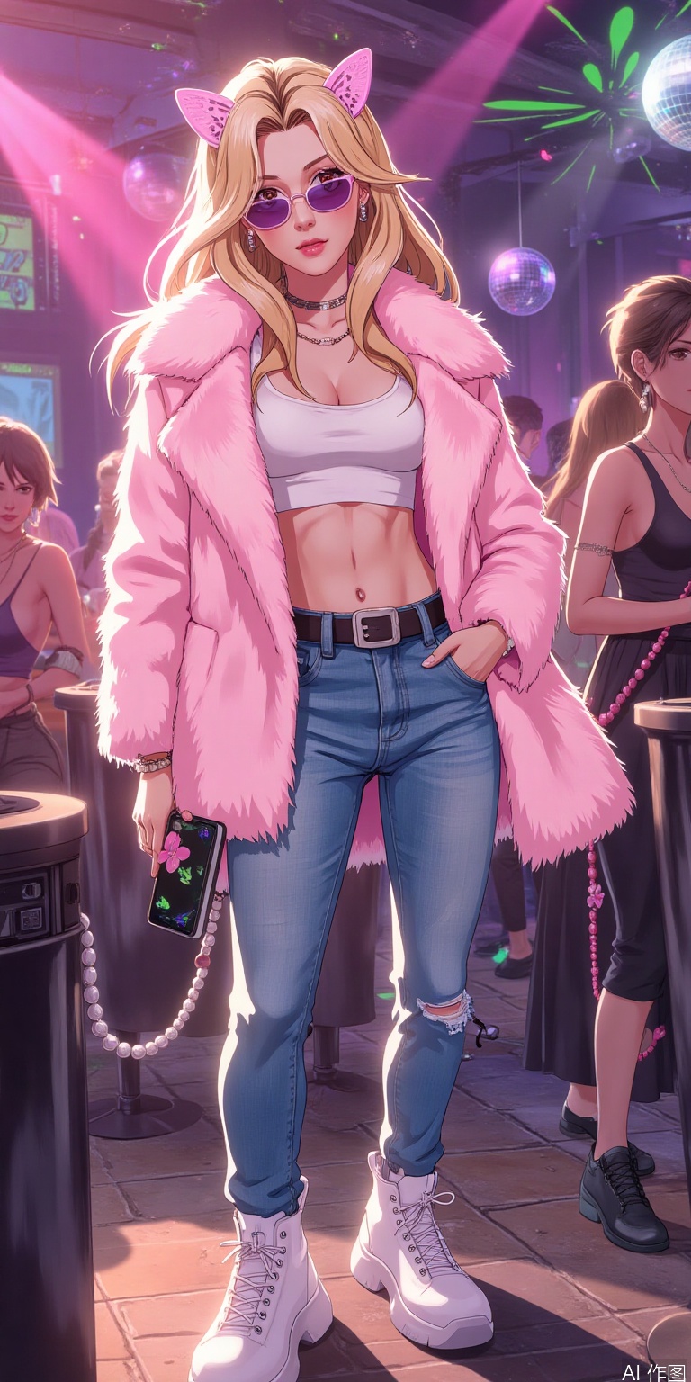 "The 2000s Y2K-style girl, wearing low-waist jeans and a navel-open top, paired with a pink fur coat and thick-soled sponge shoes, wearing butterfly-shaped sunglasses and beaded mobile phone chains. The background is a retro disco, with a flashing laser ball light, bright colors, slightly grainy film filters, illustration style, full of nostalgic millennial atmosphere."