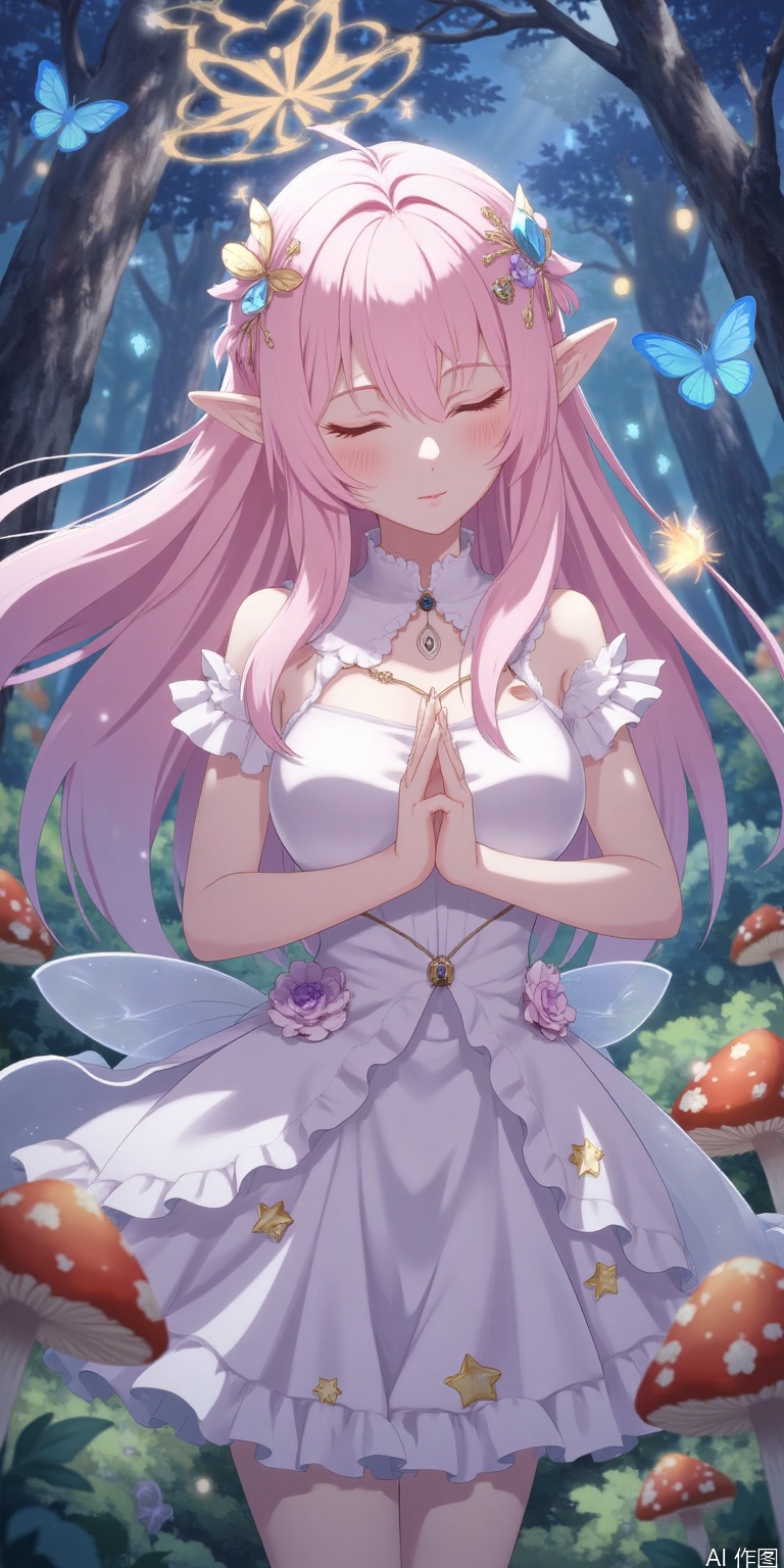 "A dreamy girl like an elf, wearing a tulle starry dress with twinkle stars and embroidered flowers, her hair is soft pink gradient, with crystal headdress and butterfly winged earrings. She stood in the magic forest of night, surrounded by fireflies and glowing mushrooms, soft-focused halo effect, fairy tale illustrations, soft-colored dreamy colors."