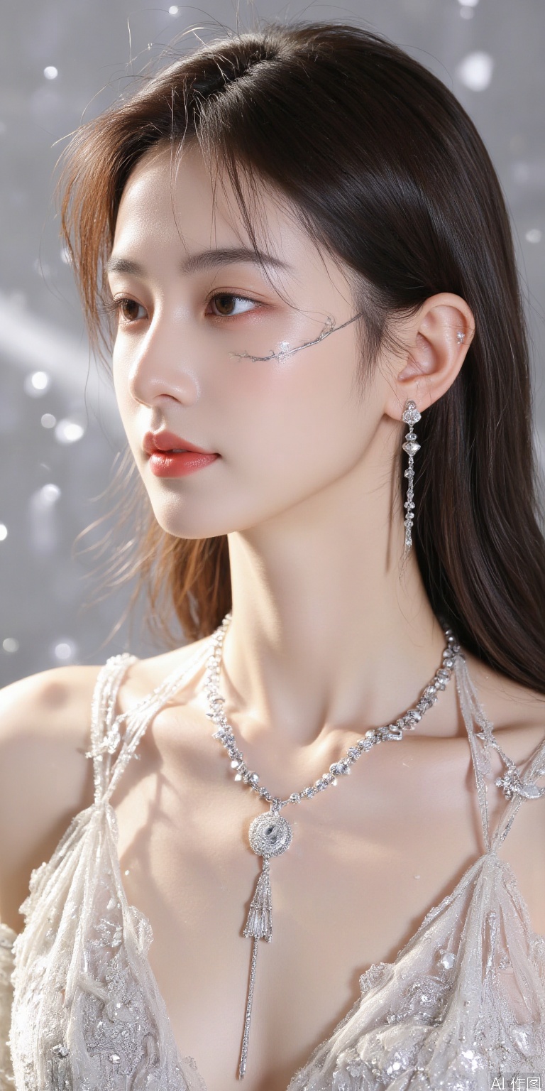 Subject: Platinum light and shadow chain from earlobe to clavicle
Environment: Liquid mercury waterfalls and diamond stardust symbiosis
Style: Art Nouveau × Fluid Sculpture
Light and shadow: precious metal subsurface scattering algorithm
Technical point: Layered rendering of skin light transmittance
Commercial direction: Creation of the virtual spokesperson of Tingsu jewelry