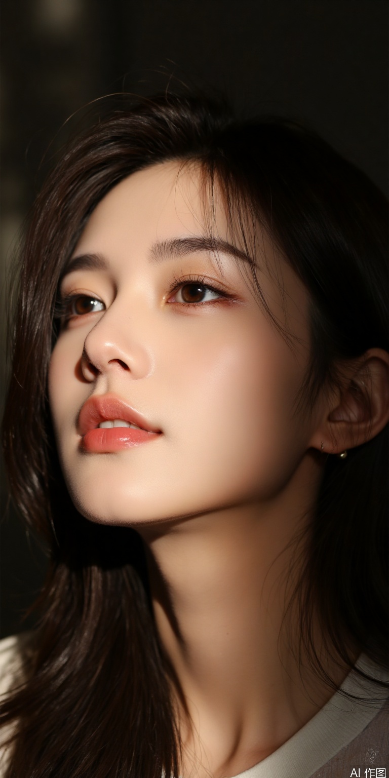 A harmonious blend of light and shadow on the subject's face, with soft focus and delicate texture, as if painted by a master. A gentle glow from above, casting a warm tone on the skin, while subtle highlights accentuate the curves of the nose and lips. Framed within a shallow depth of field, the subject emerges, their eyes shining like stars in a dark sky.