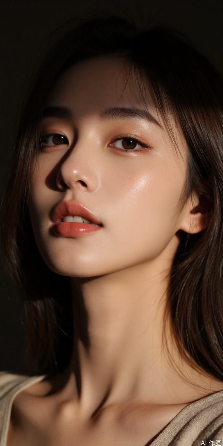 A harmonious blend of light and shadow on the subject's face, with soft focus and delicate texture, as if painted by a master. A gentle glow from above, casting a warm tone on the skin, while subtle highlights accentuate the curves of the nose and lips. Framed within a shallow depth of field, the subject emerges, their eyes shining like stars in a dark sky.