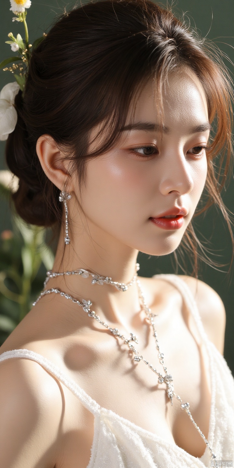 Subject: Platinum light and shadow chain from earlobe to clavicle
Environment: Liquid mercury waterfalls and diamond stardust symbiosis
Style: Art Nouveau × Fluid Sculpture
Light and shadow: precious metal subsurface scattering algorithm
Technical point: Layered rendering of skin light transmittance
Commercial direction: Creation of the virtual spokesperson of Tingsu jewelry