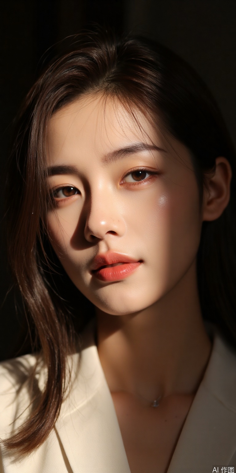 A harmonious blend of light and shadow on the subject's face, with soft focus and delicate texture, as if painted by a master. A gentle glow from above, casting a warm tone on the skin, while subtle highlights accentuate the curves of the nose and lips. Framed within a shallow depth of field, the subject emerges, their eyes shining like stars in a dark sky.