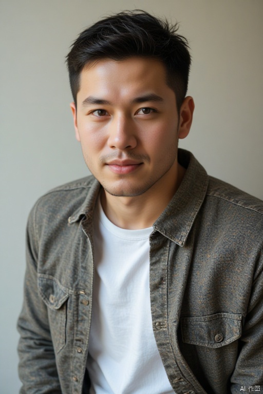 A asian man is wearing a casual jacket and a white shirt. He has very short hair. He is handsome and has a mature temperament,middle aged man,