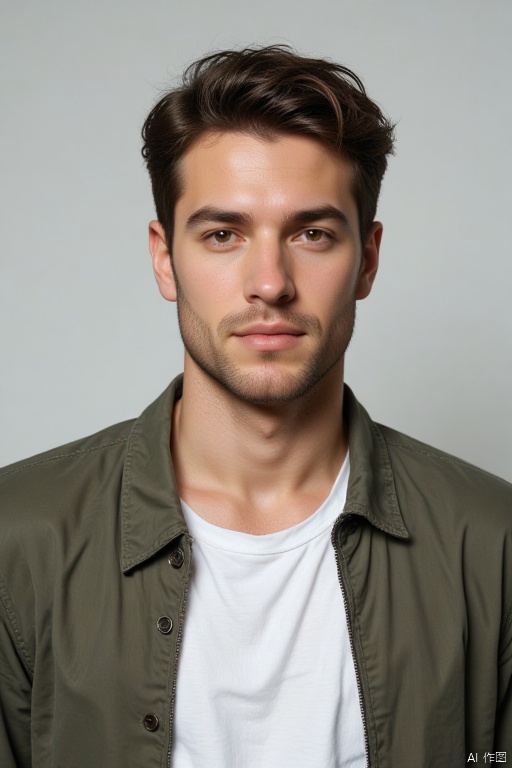 A man is wearing a casual jacket and a white shirt. He has very short hair. He is handsome and has a mature temperament.