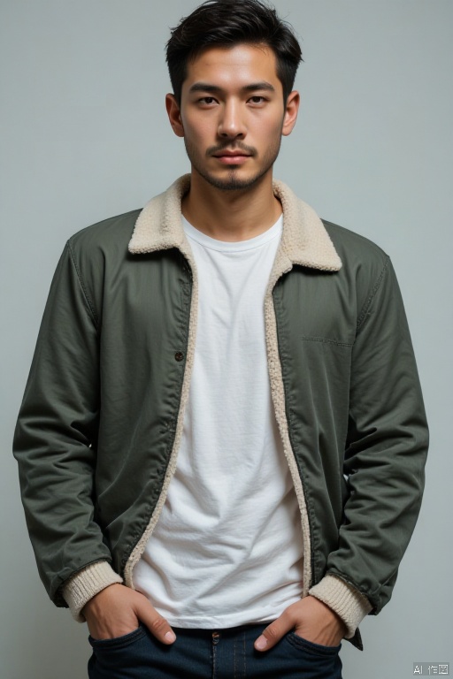A asian man is wearing a casual jacket and a white shirt. He has very short hair. He is handsome and has a mature temperament,middle aged man,