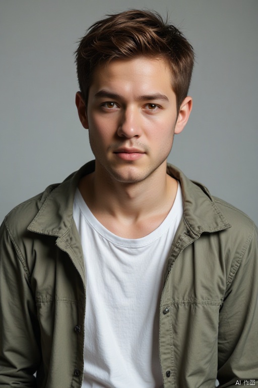 A man is wearing a casual jacket and a white shirt. He has very short hair. He is handsome and has a mature temperament.
