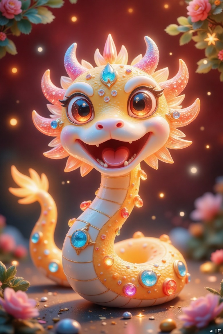 Very festive and cute snake,（（（eyes are very bright）））firework background,Contrast with red background。 The entire design is full of New Year’s festive atmosphere,Chinese new year decoration,（（Lanterns with auspicious meanings））A lot of flowers（（（masterpiece）））, （（best quality））, （（intricate details））（8k）