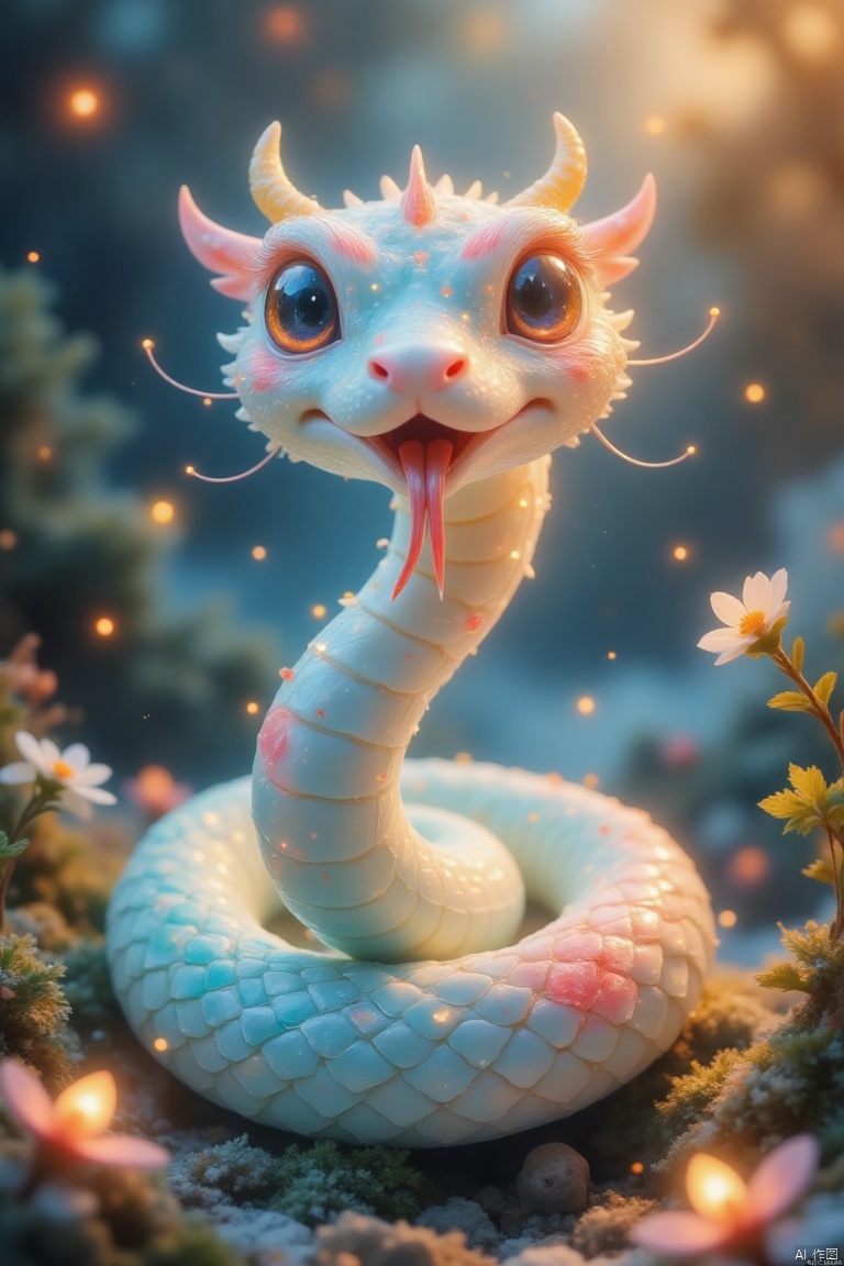 (cute snake zodiac,large expressive eyes,detailed scales,full body shot,front view,sticking out tongue,divine light,day glow,warm tones,vibrant,best quality,4k,8k,highres,masterpiece:1.2),ultra-detailed,(realistic,photorealistic,photo-realistic:1.37),HDR,UHD,studio lighting,ultra-fine painting,sharp focus,physically-based rendering,extreme detail description,professional,vivid colors,bokeh,concept art,illustration,ethereal atmosphere,soft lighting,fantasy style,