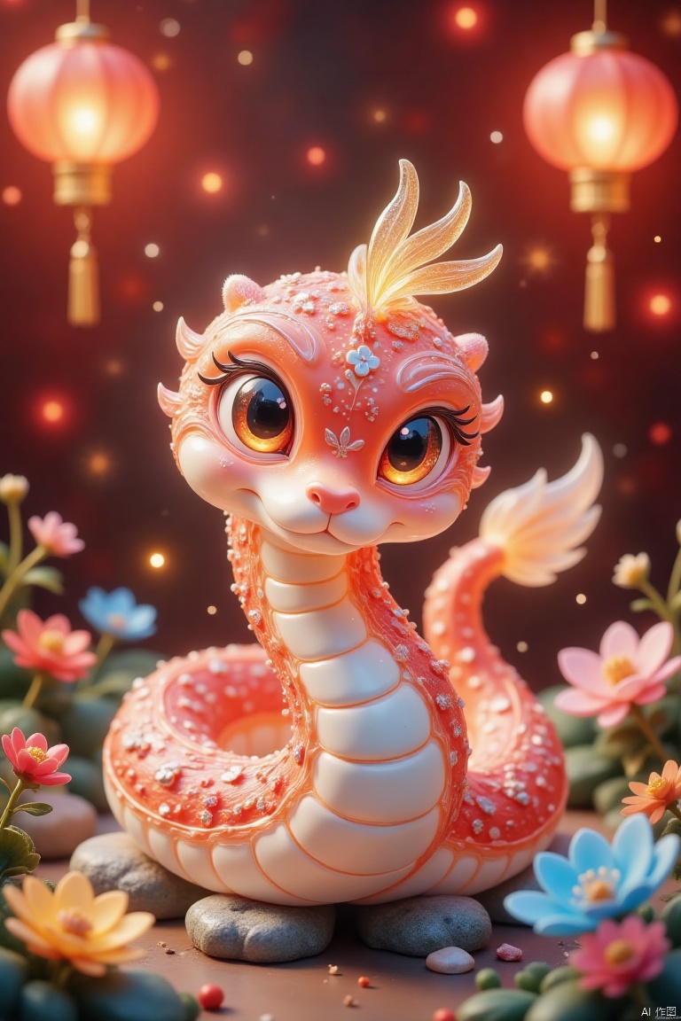 Very festive and cute snake,（（（eyes are very bright）））firework background,Contrast with red background。 The entire design is full of New Year’s festive atmosphere,Chinese new year decoration,（（Lanterns with auspicious meanings））A lot of flowers（（（masterpiece）））, （（best quality））, （（intricate details））（8k）