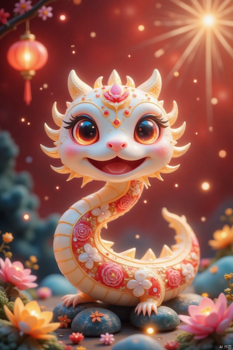 Very festive and cute snake,（（（eyes are very bright）））firework background,Contrast with red background。 The entire design is full of New Year’s festive atmosphere,Chinese new year decoration,（（Lanterns with auspicious meanings））A lot of flowers（（（masterpiece）））, （（best quality））, （（intricate details））（8k）