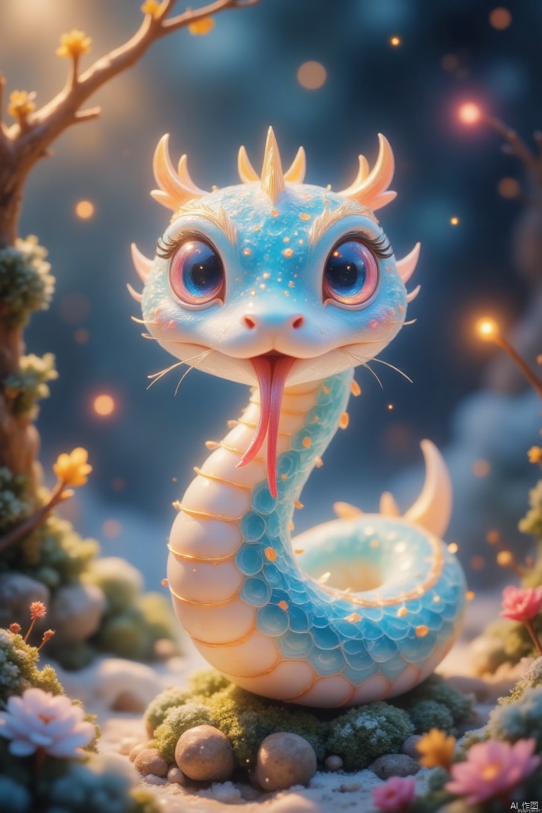 (cute snake zodiac,large expressive eyes,detailed scales,full body shot,front view,sticking out tongue,divine light,day glow,warm tones,vibrant,best quality,4k,8k,highres,masterpiece:1.2),ultra-detailed,(realistic,photorealistic,photo-realistic:1.37),HDR,UHD,studio lighting,ultra-fine painting,sharp focus,physically-based rendering,extreme detail description,professional,vivid colors,bokeh,concept art,illustration,ethereal atmosphere,soft lighting,fantasy style,