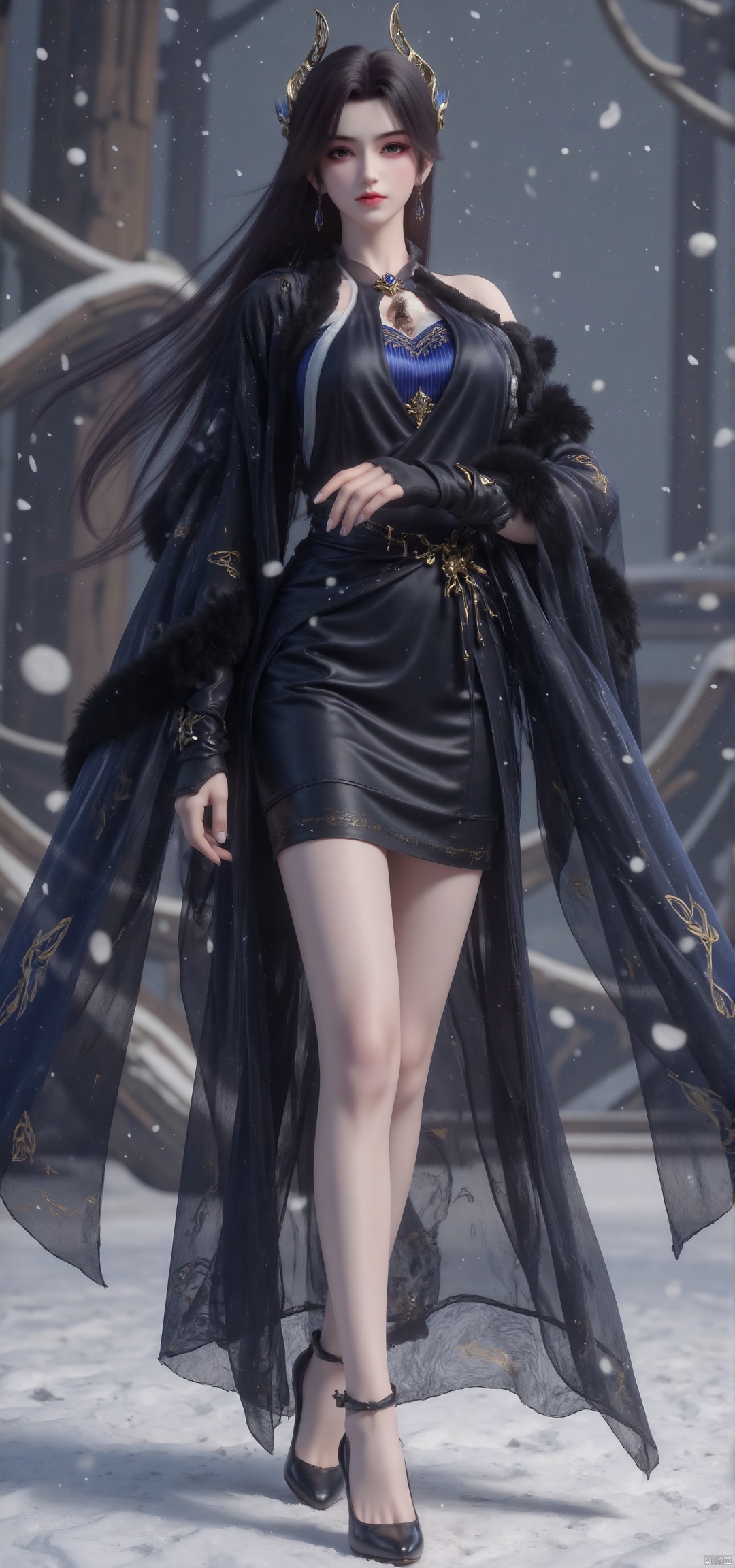 1 girl, full body, solo, black plush shawl, black gauze skirt, long black hair, long flowing hair, headdress, earrings, beautiful legs, slender long legs, standing, dynamic pose, high heels, forest, winter, Snowflakes, snow falling, body covered with snow.