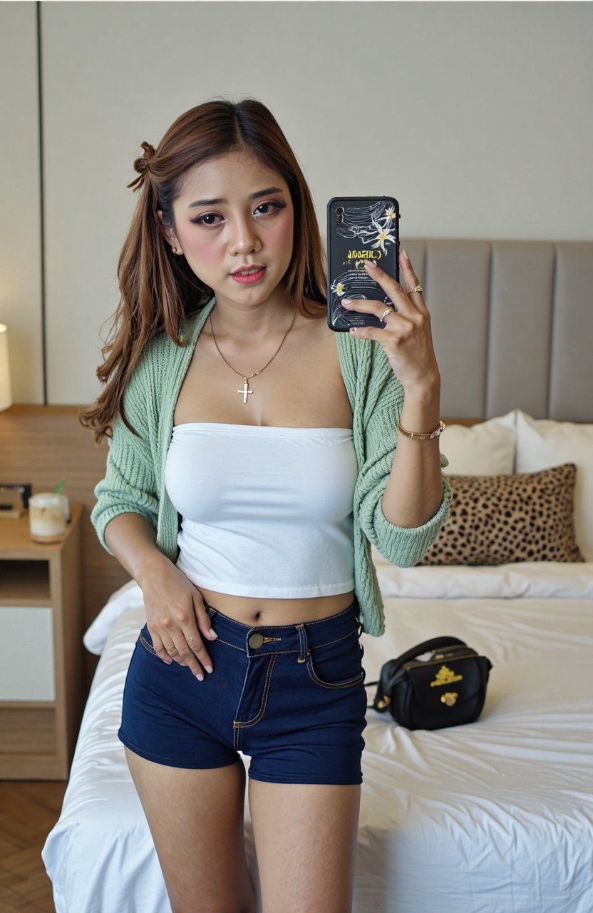 { "subject": { "description": "velo,  A young woman taking a mirror selfie",  "mirror_rules": "ignore mirror physics for t...