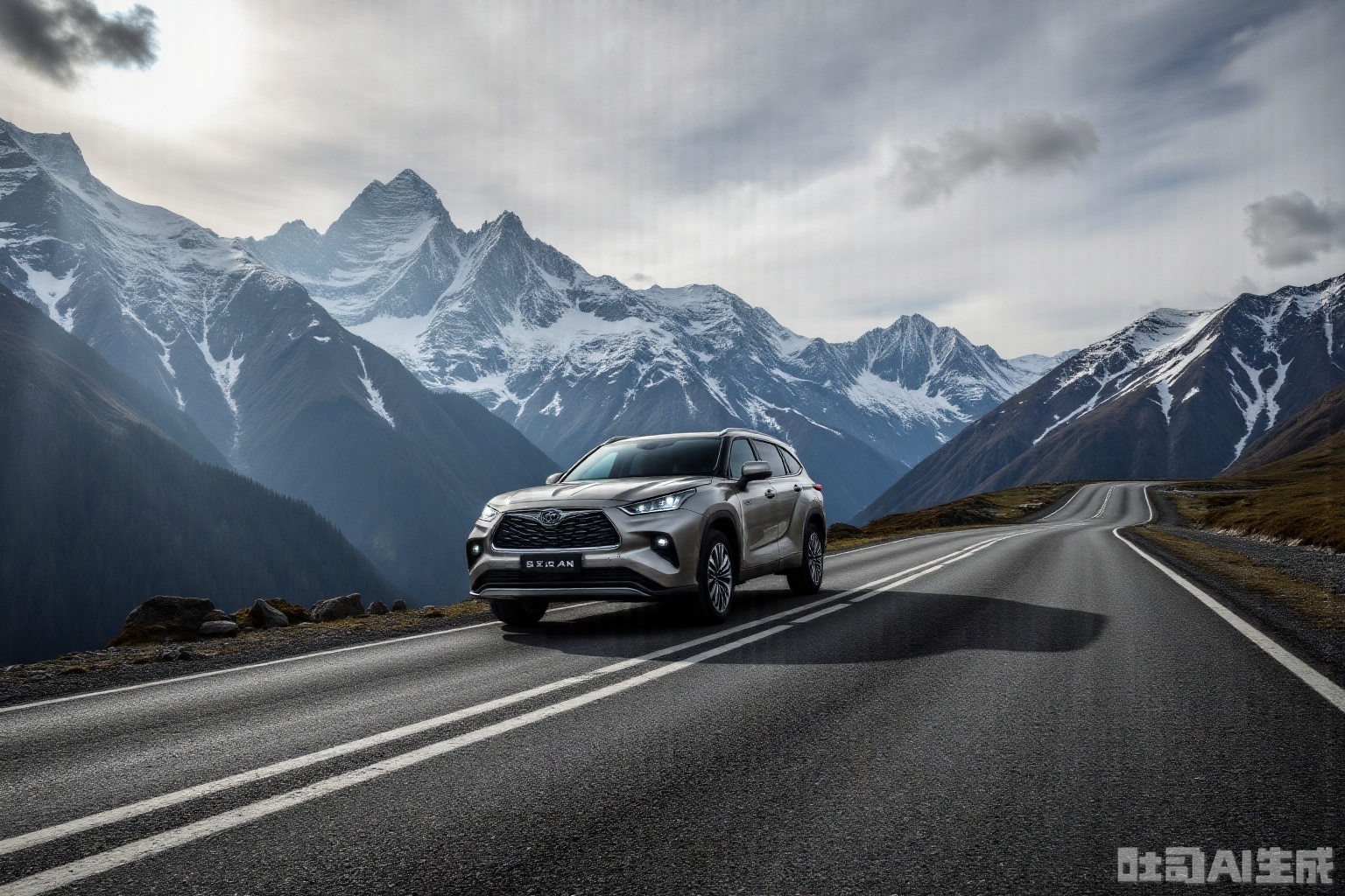 A masterpiece featuring a car driving along a winding mountain road in 2024, with distant snow-capped peaks as the backdrop. The car is the central focus, set against dramatic lighting that highlights the rugged terrain and towering mountains.,hanlanda2024