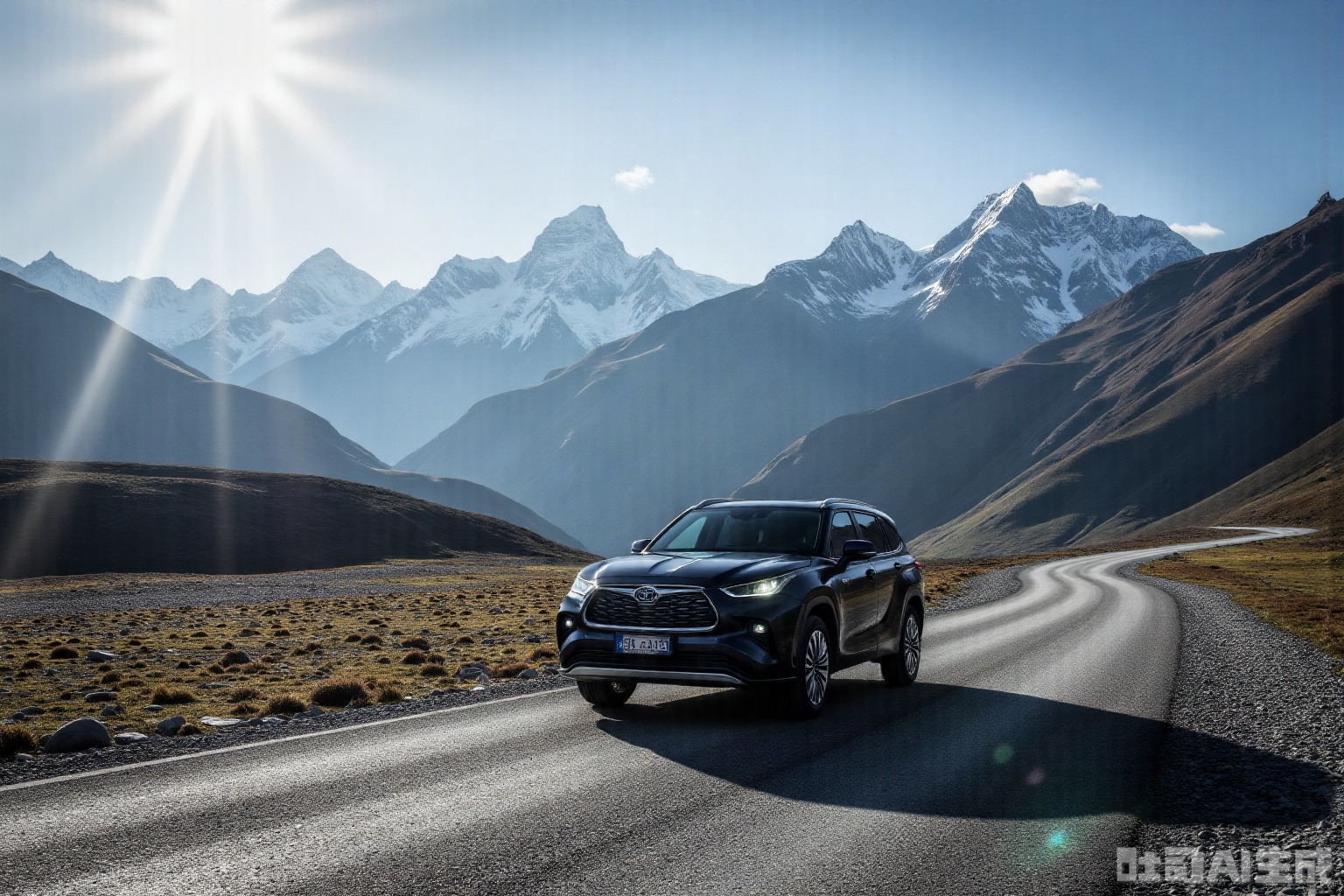 A masterpiece featuring a car driving along a winding mountain road in 2024, with distant snow-capped peaks as the backdrop. The car is the central focus, set against dramatic lighting that highlights the rugged terrain and towering mountains.,hanlanda2024