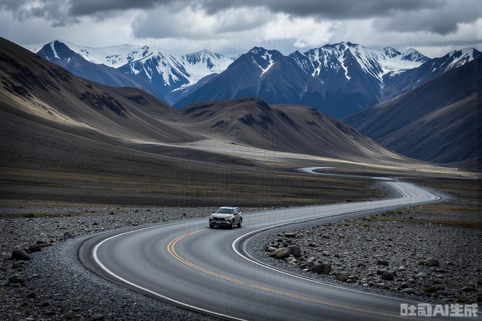 A masterpiece featuring a car driving along a winding mountain road in 2024, with distant snow-capped peaks as the backdrop. The car is the central focus, set against dramatic lighting that highlights the rugged terrain and towering mountains.,hanlanda2024