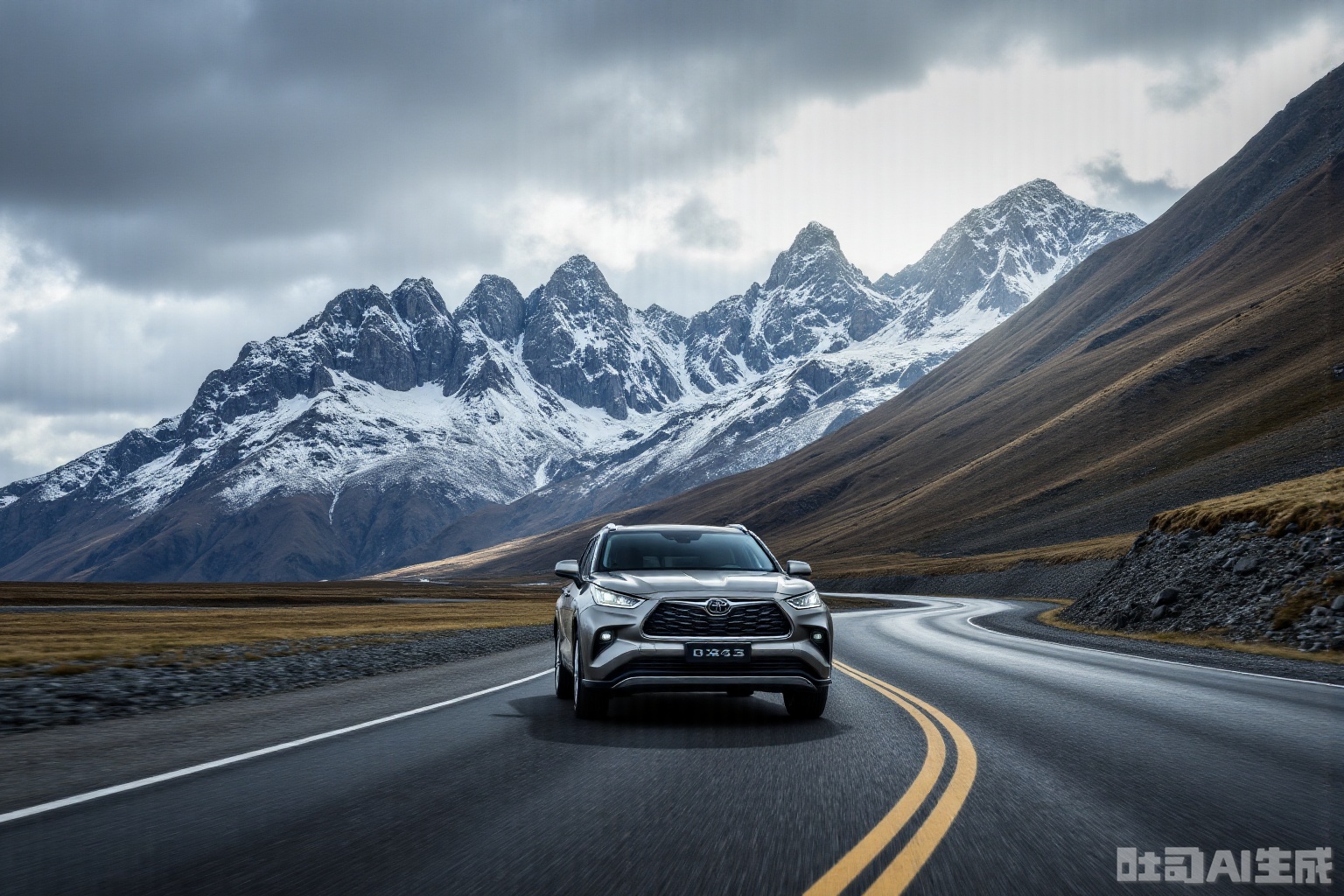 A masterpiece featuring a car driving along a winding mountain road in 2024, with distant snow-capped peaks as the backdrop. The car is the central focus, set against dramatic lighting that highlights the rugged terrain and towering mountains.,hanlanda2024