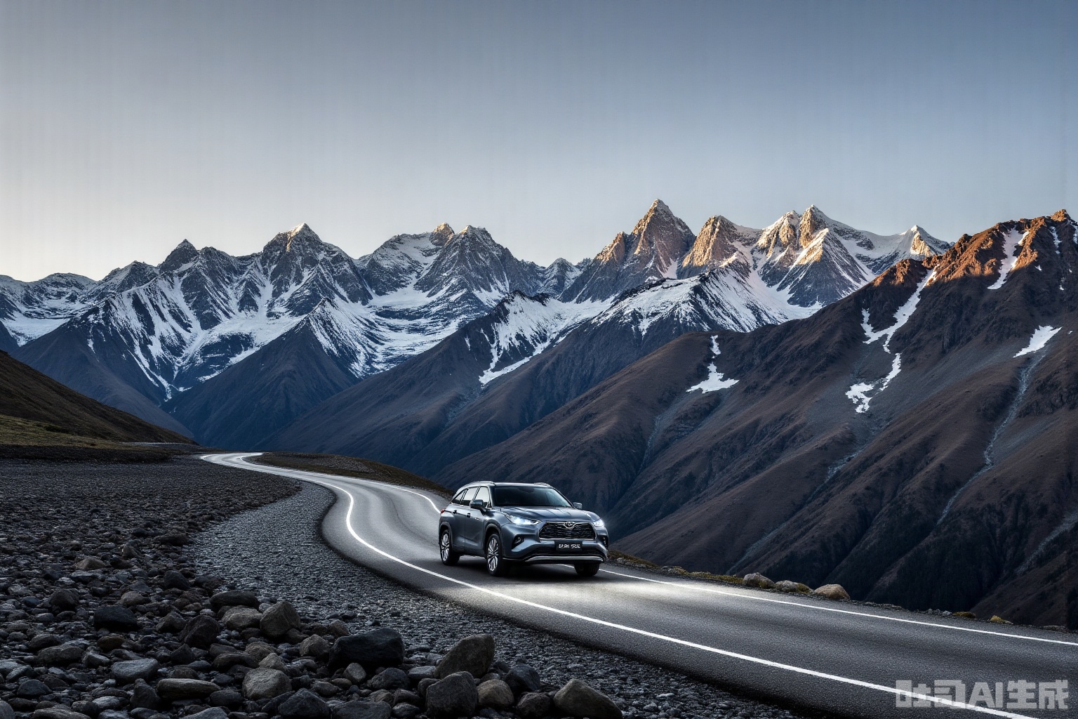 A masterpiece featuring a car driving along a winding mountain road in 2024, with distant snow-capped peaks as the backdrop. The car is the central focus, set against dramatic lighting that highlights the rugged terrain and towering mountains.,hanlanda2024