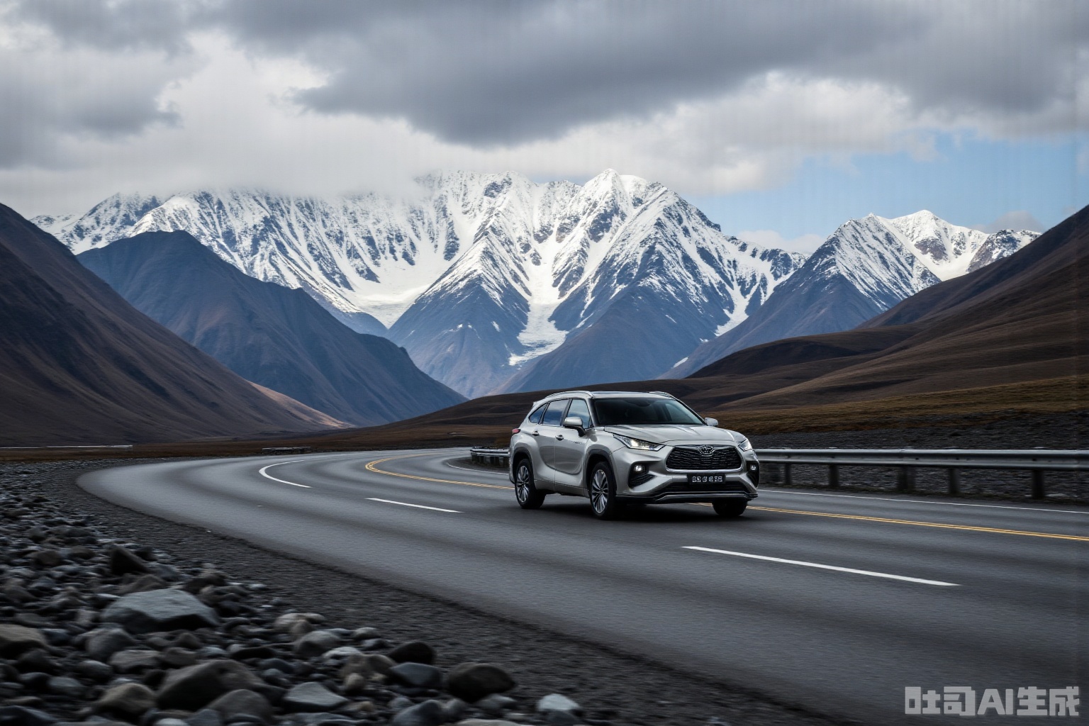 A masterpiece featuring a car driving along a winding mountain road in 2024, with distant snow-capped peaks as the backdrop. The car is the central focus, set against dramatic lighting that highlights the rugged terrain and towering mountains.,hanlanda2024