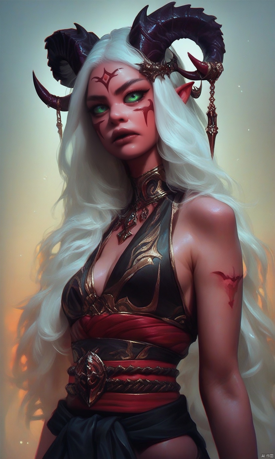 score_9, score_8_up, score_7_up,  realistic,     demon woman, demon, long hair, white hair, green eyes, face markings, hair accessories, bikini, waist sash,COLORFUL GRADIENT,score_6_up