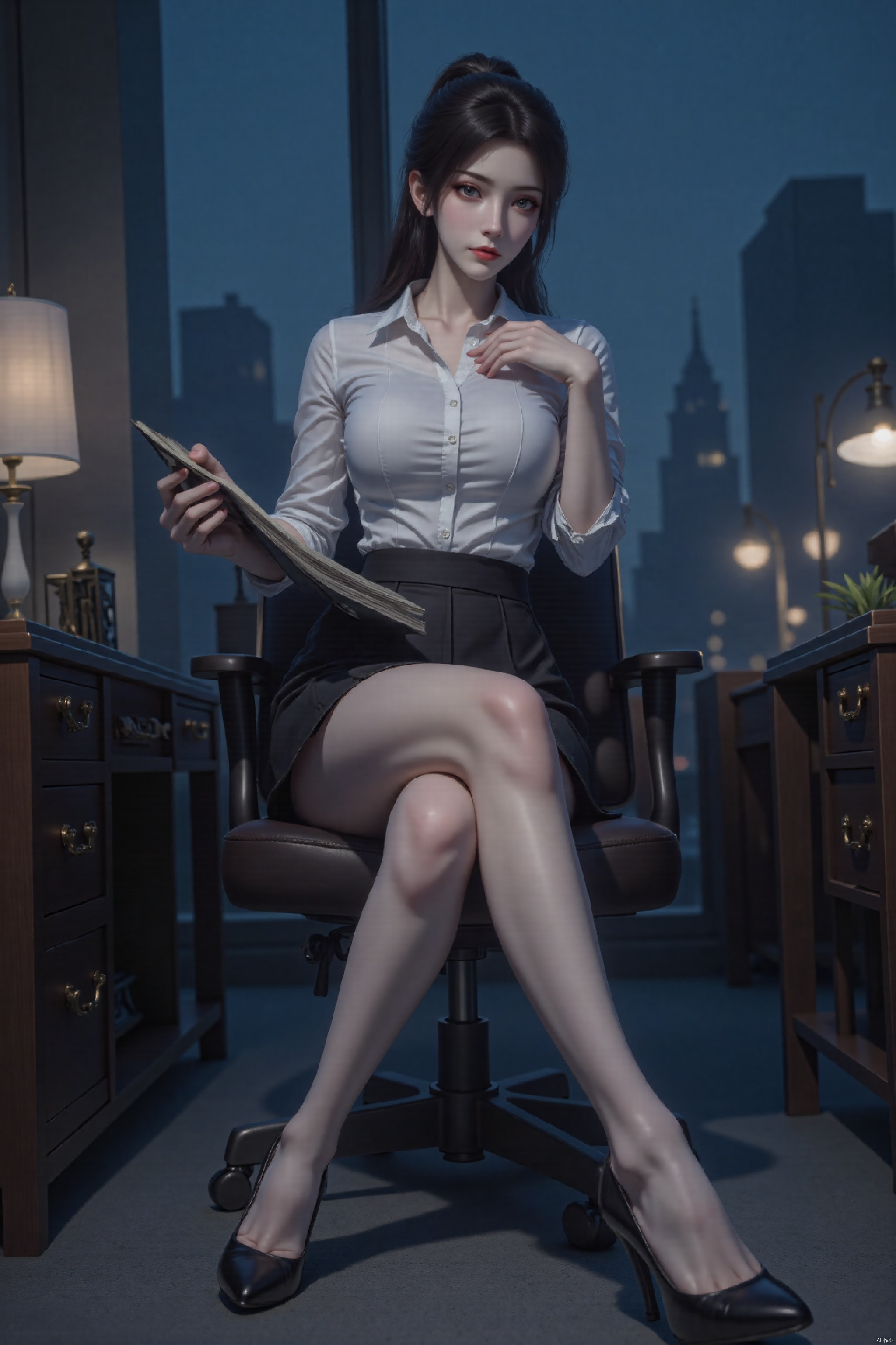 A professional woman with black hair tied into a ponytail. She looked like a young girl who had just grown up, with a small figure. She was wearing a white shirt and a black ultra-short pleated skirt. Her huge breasts barely fit under her clothes. Wearing silk garters, she sat restrainedly on an office chair, covering her breasts with one hand, holding a folder on her knees with the other, looking at the audience, with long, beautiful legs and black high heels. The background is an office with desks, chairs, night, dark blue atmosphere, dim lights, blurred background, dynamic poses, shot from a very low angle. Shot from the front and below, looking up, bug-eye lens.