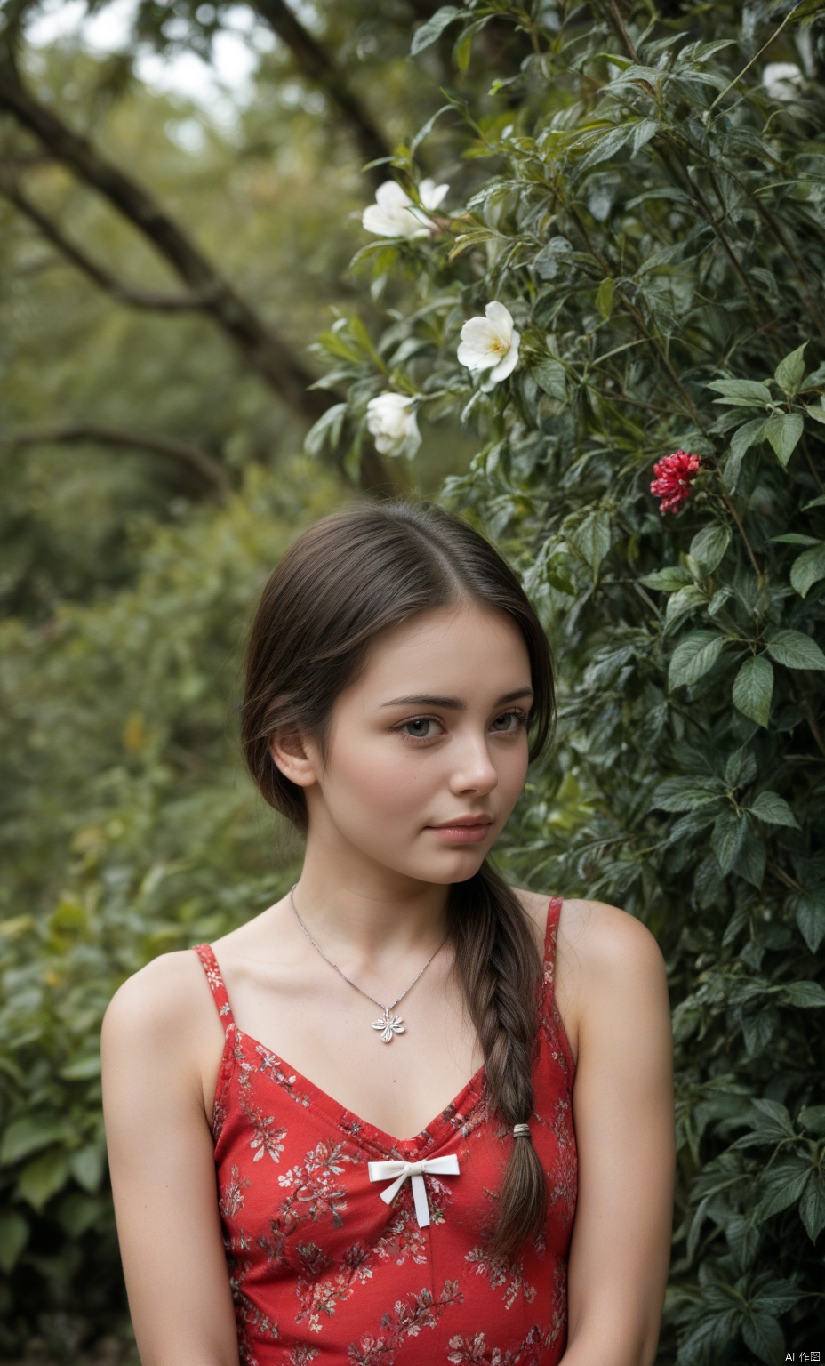a young Asian woman with long dark brown hair, wearing a red sleeveless blouse with a floral pattern. She is wearing a silver necklace that has a circle pendant hanging from it. The woman's hair is pulled back in a ponytail, with two white bows on the top of her head. The backdrop is blurred, with greenery in the background.,score_9 score_8_up score_7_up,,Sharp background
