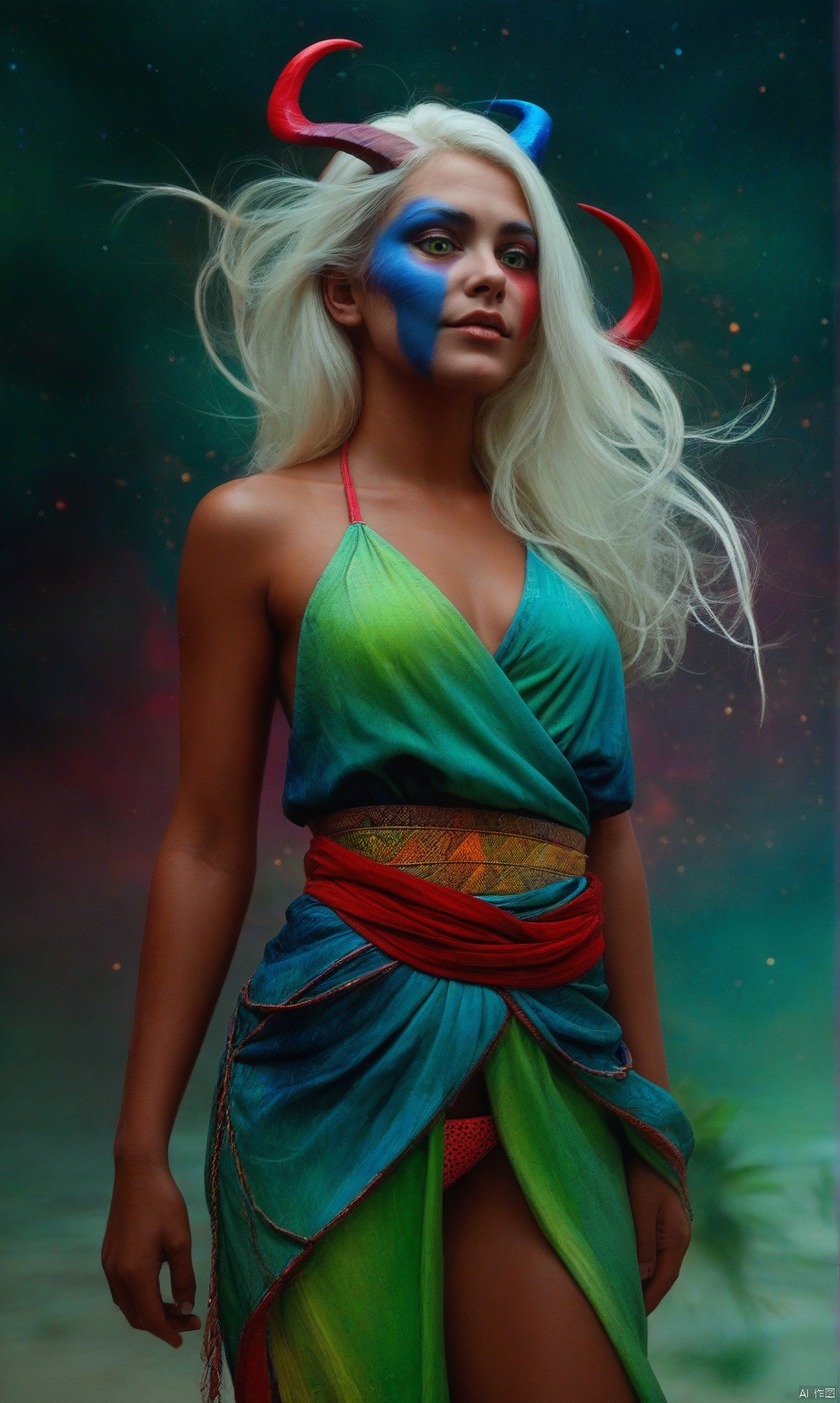 score_9, score_8_up, score_7_up,  realistic,     demon woman, demon, long hair, white hair, green eyes, face markings, hair accessories, bikini, waist sash,COLORFUL GRADIENT