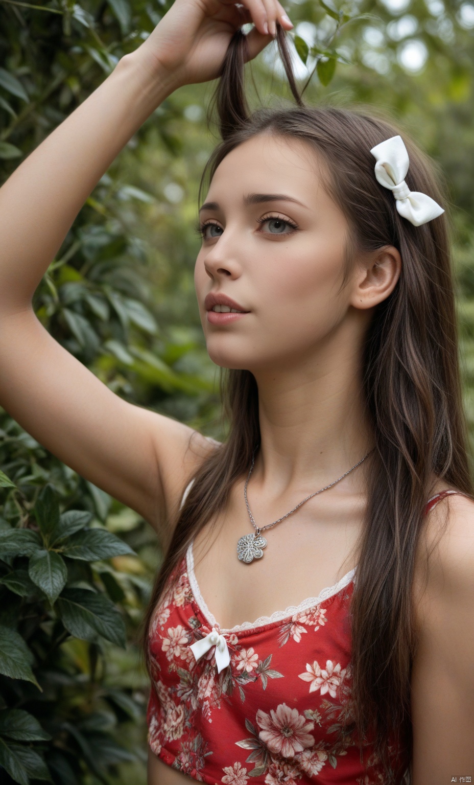 a young Asian woman with long dark brown hair, wearing a red sleeveless blouse with a floral pattern. She is wearing a silver necklace that has a circle pendant hanging from it. The woman's hair is pulled back in a ponytail, with two white bows on the top of her head. The backdrop is blurred, with greenery in the background.,score_9 score_8_up score_7_up,,Sharp background