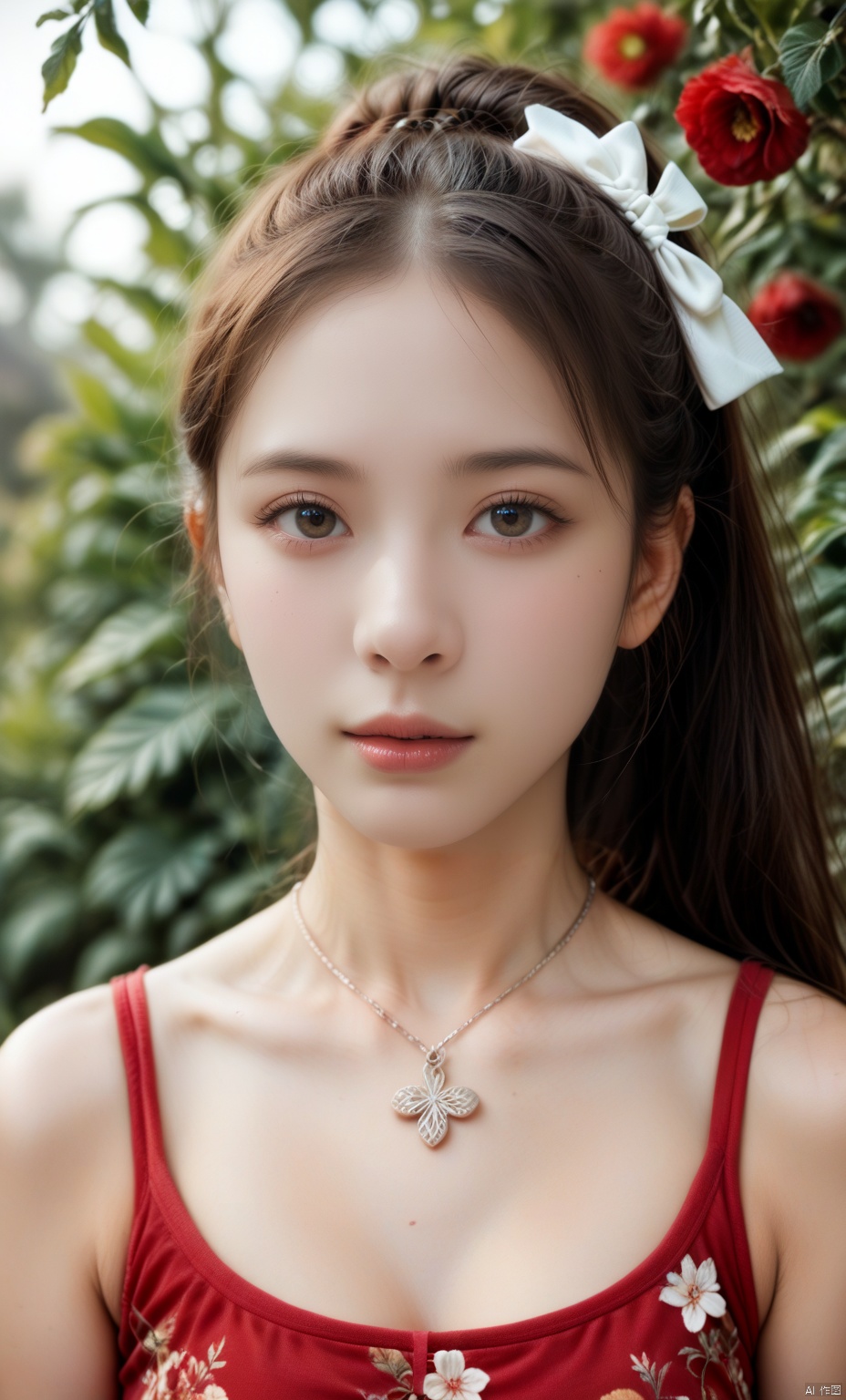 a young Asian woman with long dark brown hair, wearing a red sleeveless blouse with a floral pattern. She is wearing a silver necklace that has a circle pendant hanging from it. The woman's hair is pulled back in a ponytail, with two white bows on the top of her head. The backdrop is blurred, with greenery in the background.,score_9 score_8_up score_7_up,,Sharp background