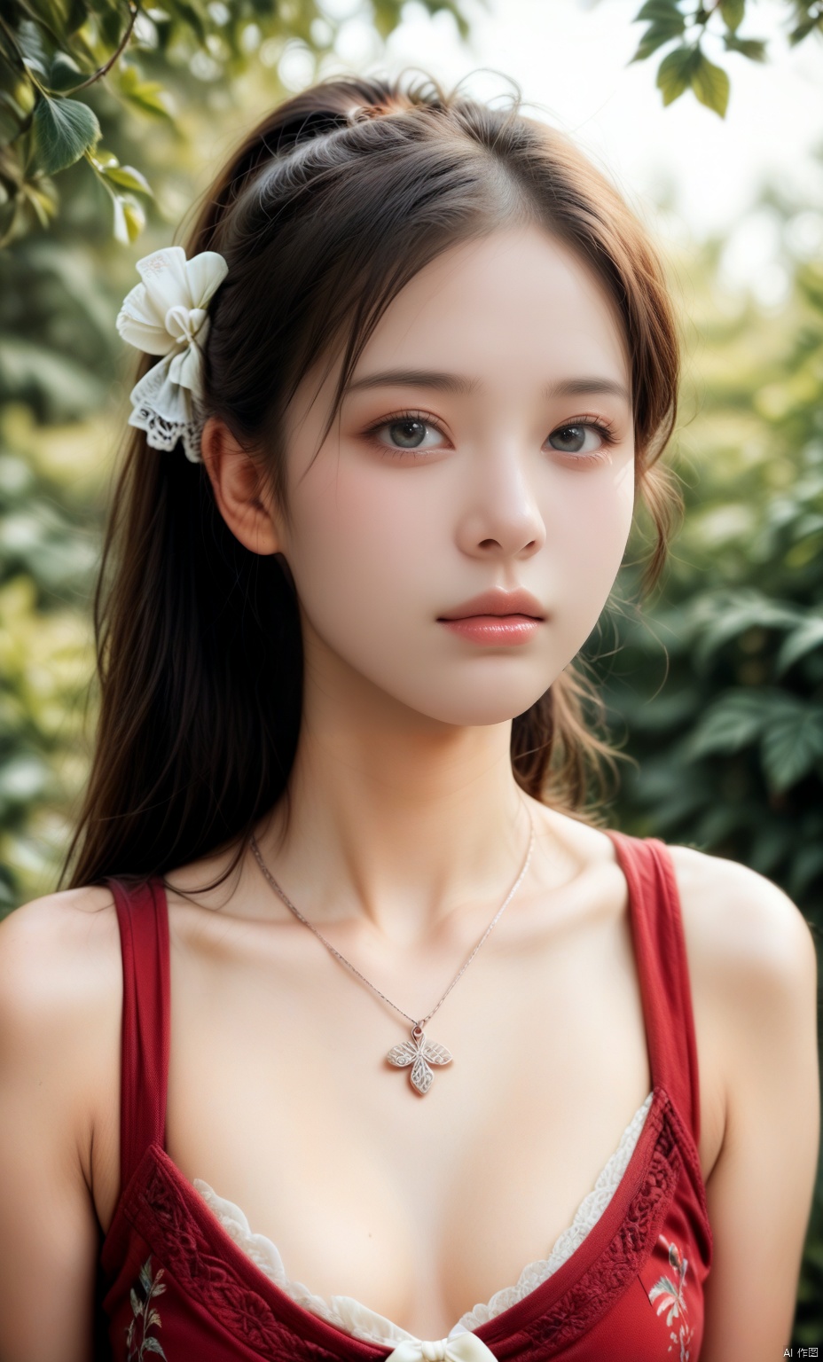 a young Asian woman with long dark brown hair, wearing a red sleeveless blouse with a floral pattern. She is wearing a silver necklace that has a circle pendant hanging from it. The woman's hair is pulled back in a ponytail, with two white bows on the top of her head. The backdrop is blurred, with greenery in the background.,score_9 score_8_up score_7_up,,Sharp background