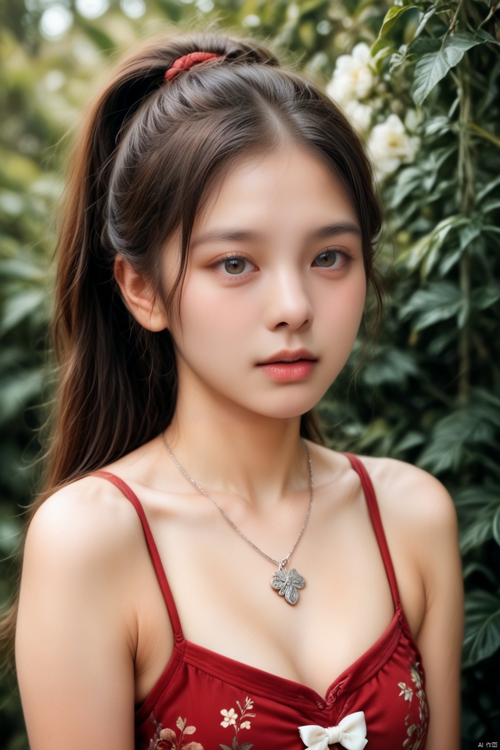 a young Asian woman with long dark brown hair, wearing a red sleeveless blouse with a floral pattern. She is wearing a silver necklace that has a circle pendant hanging from it. The woman's hair is pulled back in a ponytail, with two white bows on the top of her head. The backdrop is blurred, with greenery in the background.,score_9 score_8_up score_7_up,,Sharp background